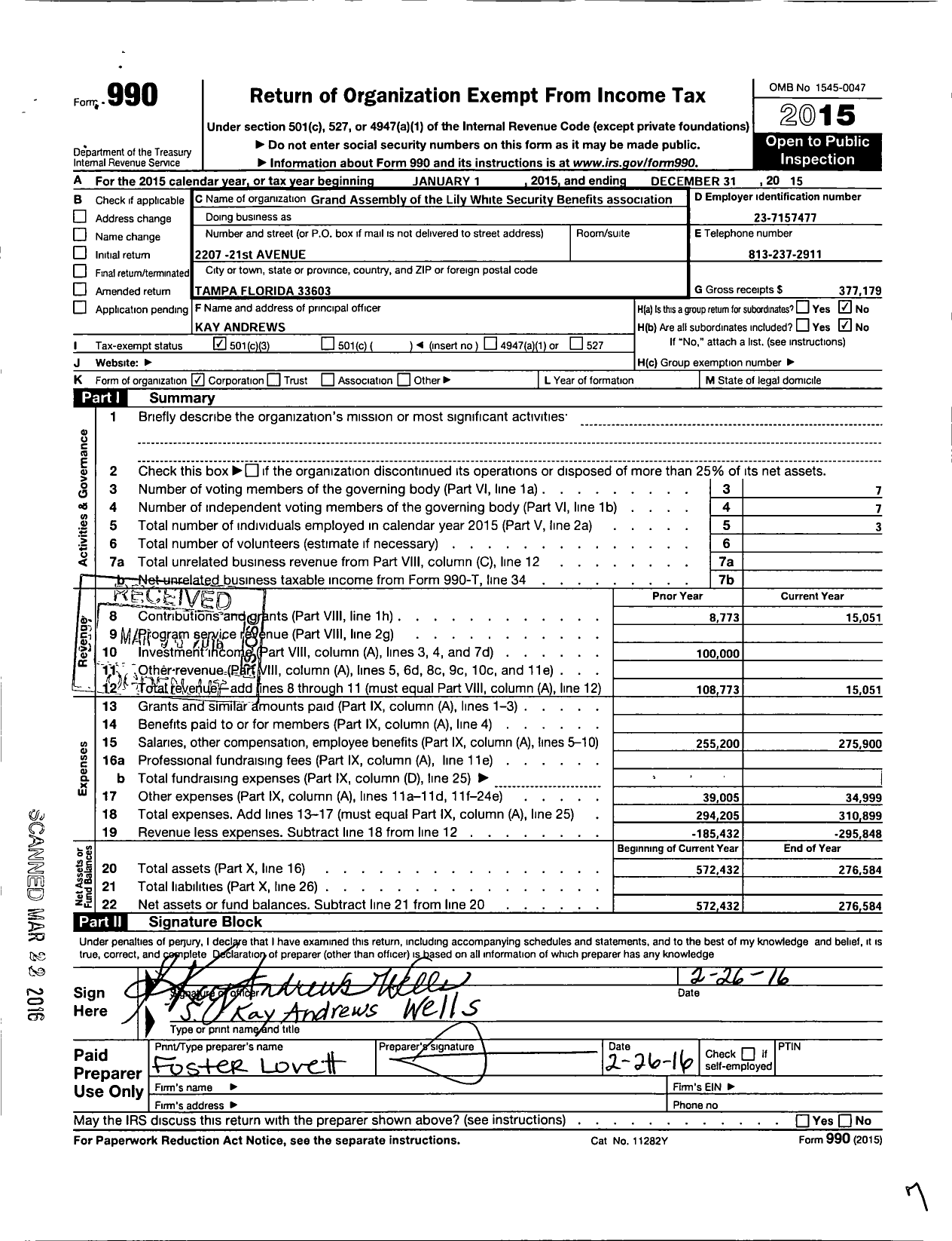 Image of first page of 2015 Form 990 for The Lily White Security Benefit Associationinc