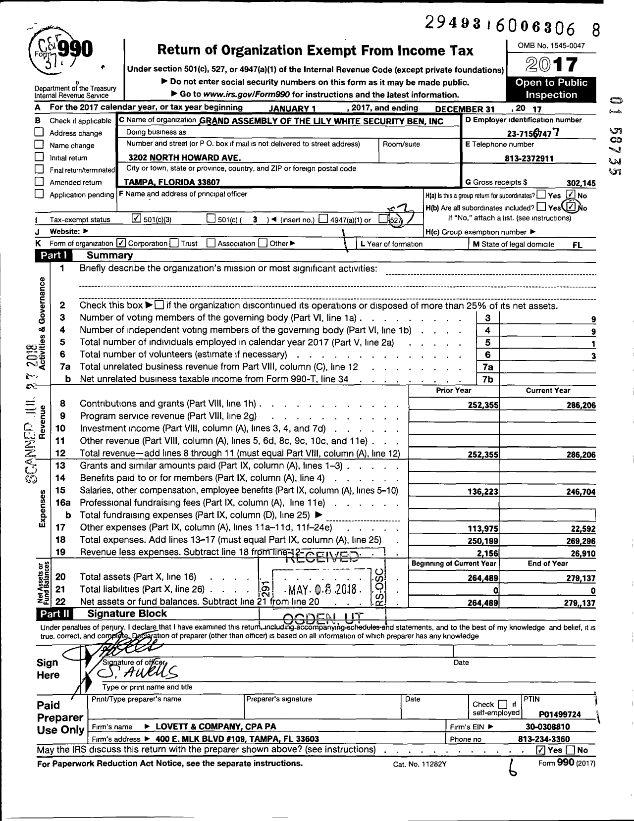 Image of first page of 2017 Form 990 for The Lily White Security Benefit Associationinc