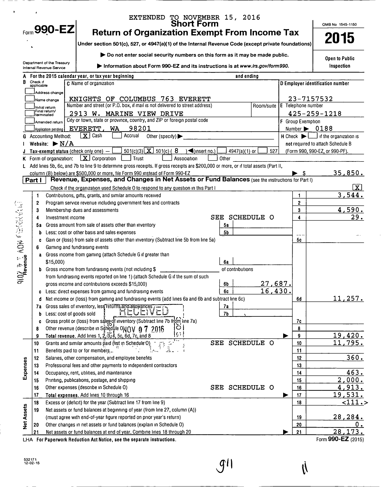 Image of first page of 2015 Form 990EO for Knights of Columbus - 763 Everett Council