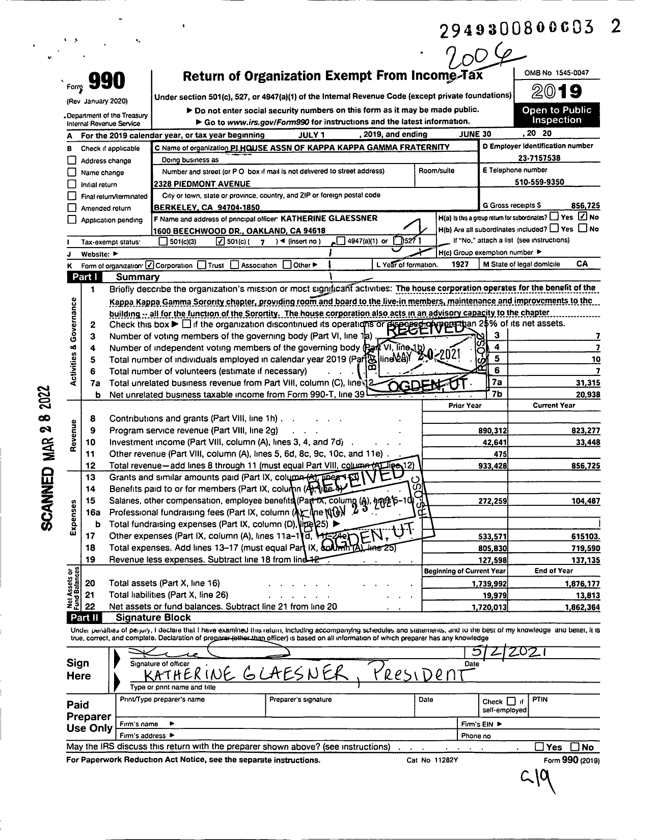 Image of first page of 2019 Form 990O for Pi House Association of Kappa Kappa Gamma Fraternity