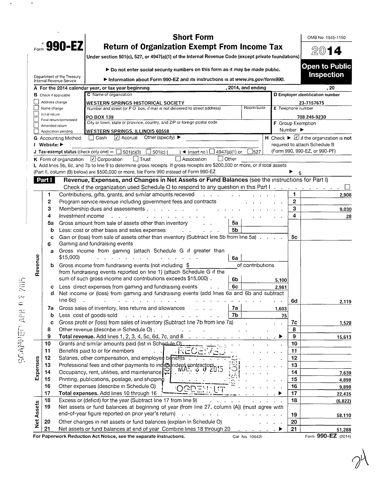 Image of first page of 2014 Form 990EO for Western Springs Historical Society