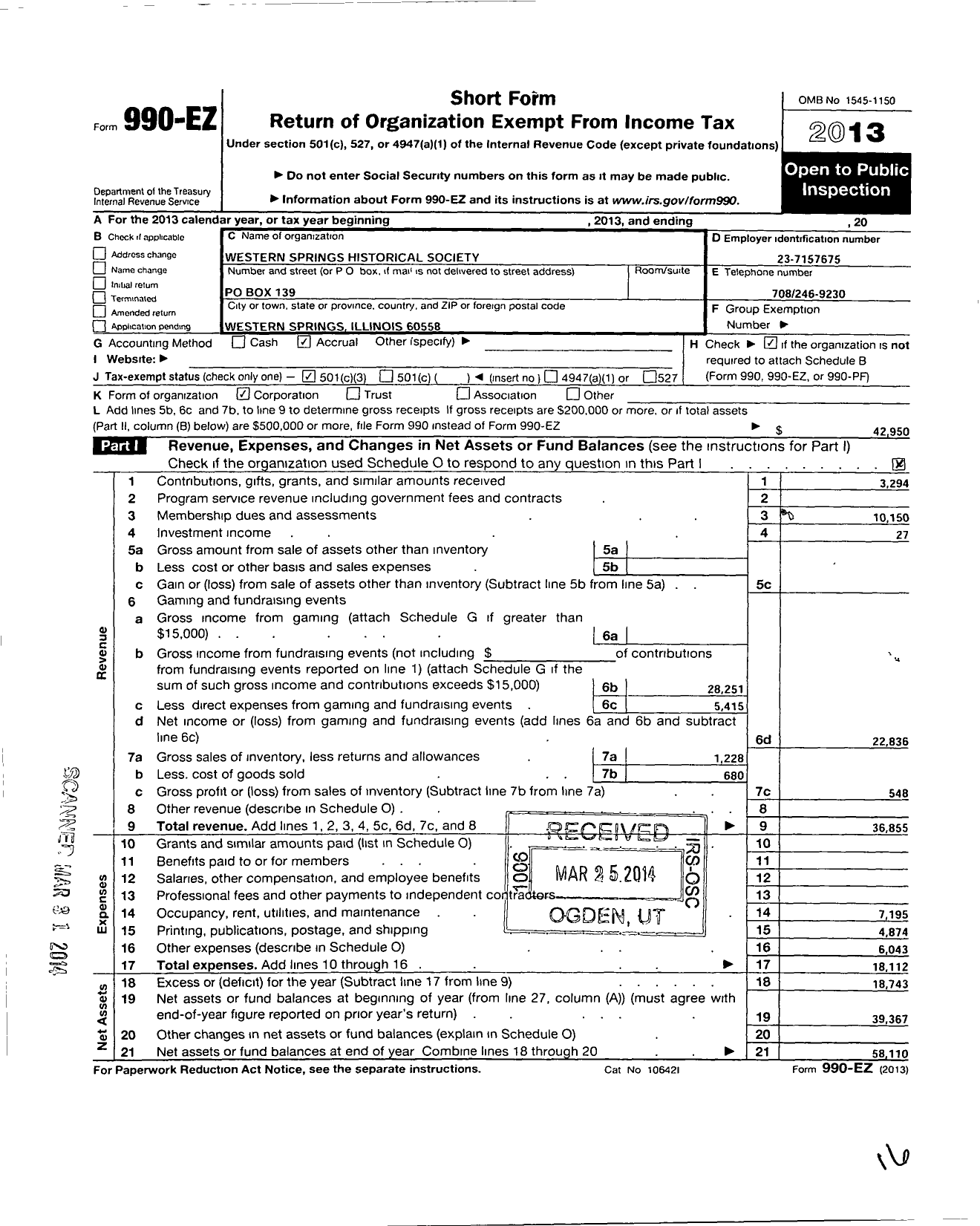 Image of first page of 2013 Form 990EZ for Western Springs Historical Society