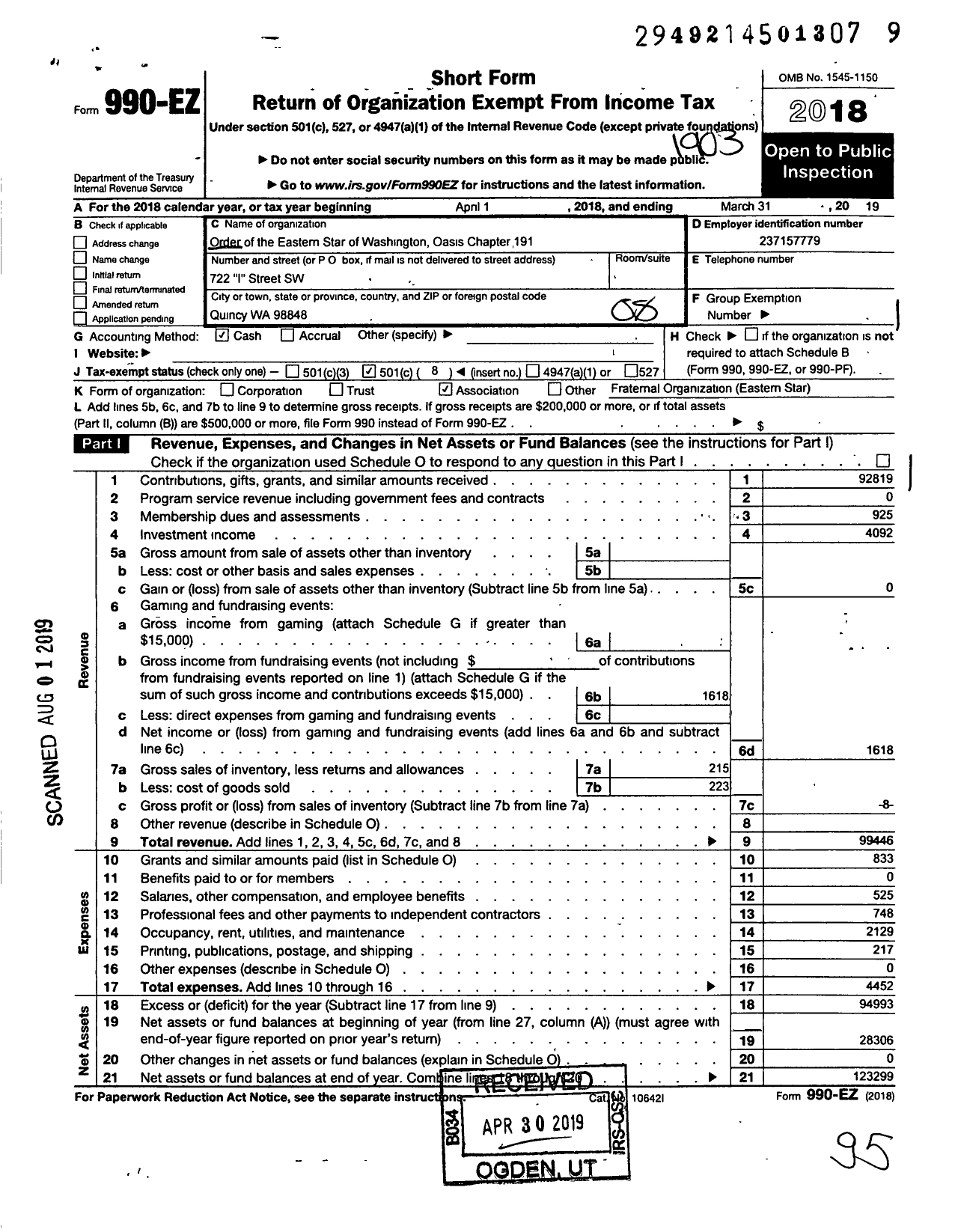 Image of first page of 2018 Form 990EO for Order of the Eastern Star of Washington - 191 Oasis Chapter