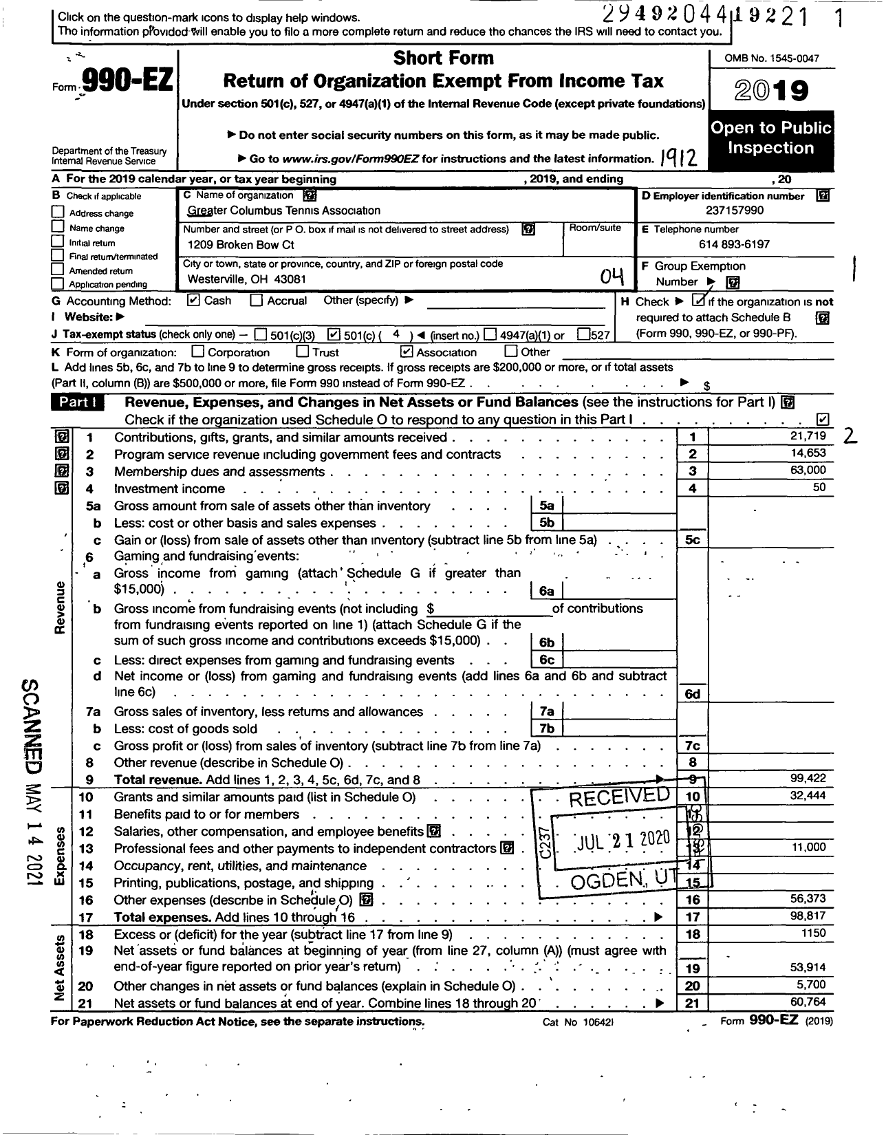 Image of first page of 2019 Form 990EO for Greater Columbus Tennis Association