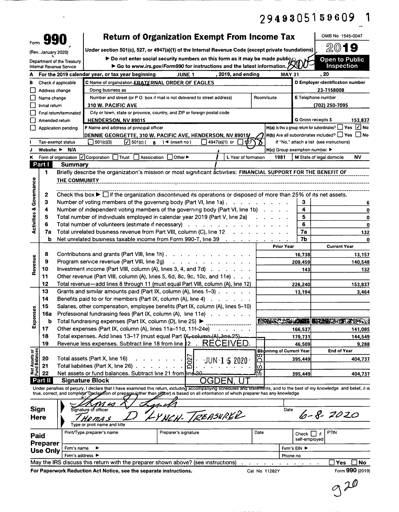 Image of first page of 2019 Form 990O for Fraternal Order of Eagles - 2672 Aerie