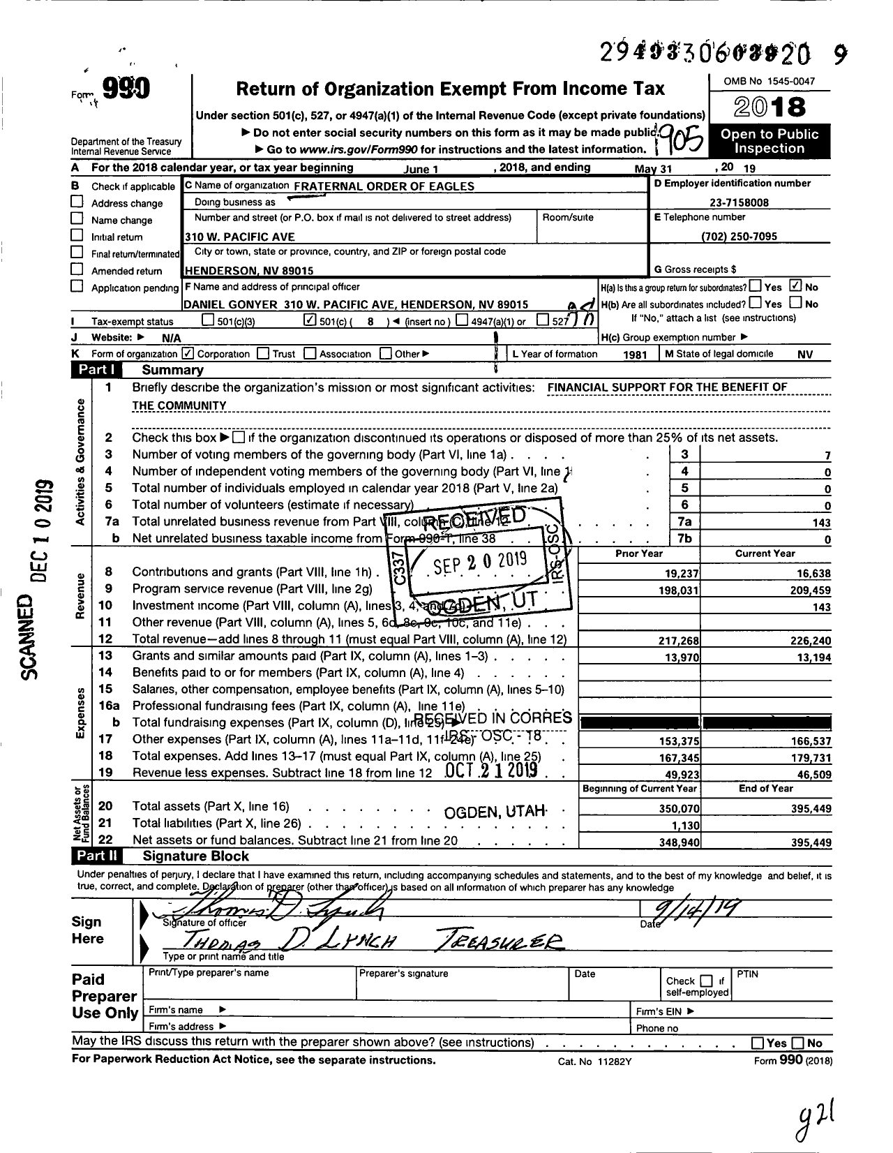 Image of first page of 2018 Form 990O for Fraternal Order of Eagles - 2672 Aerie