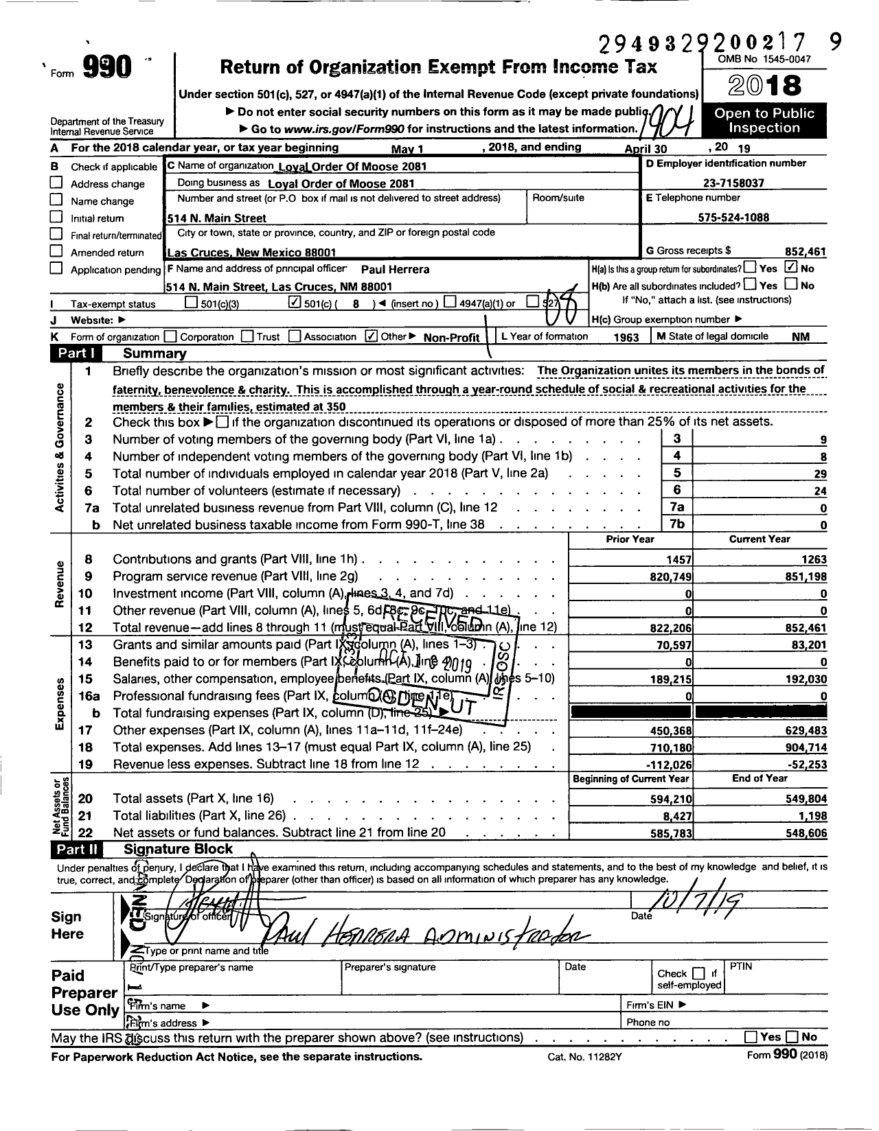 Image of first page of 2018 Form 990O for Loyal Order of Moose 2081