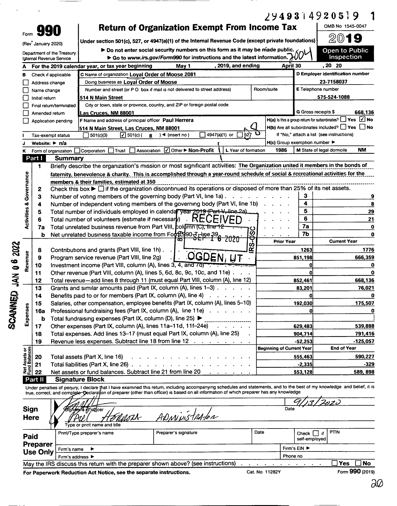 Image of first page of 2019 Form 990O for Loyal Order of Moose 2081