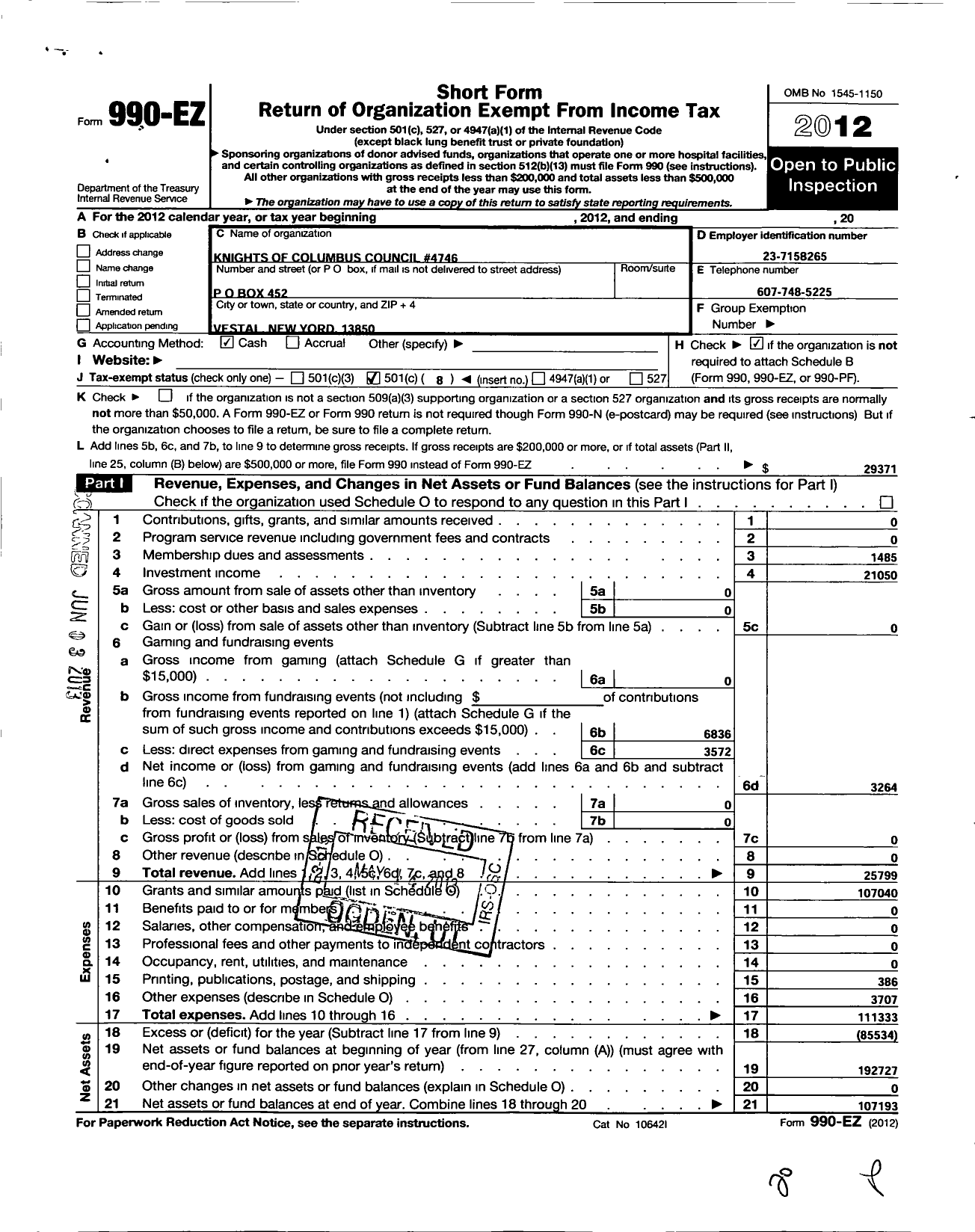 Image of first page of 2012 Form 990EO for Knights of Columbus - 4746 MSGR Edgar M Holihan Council