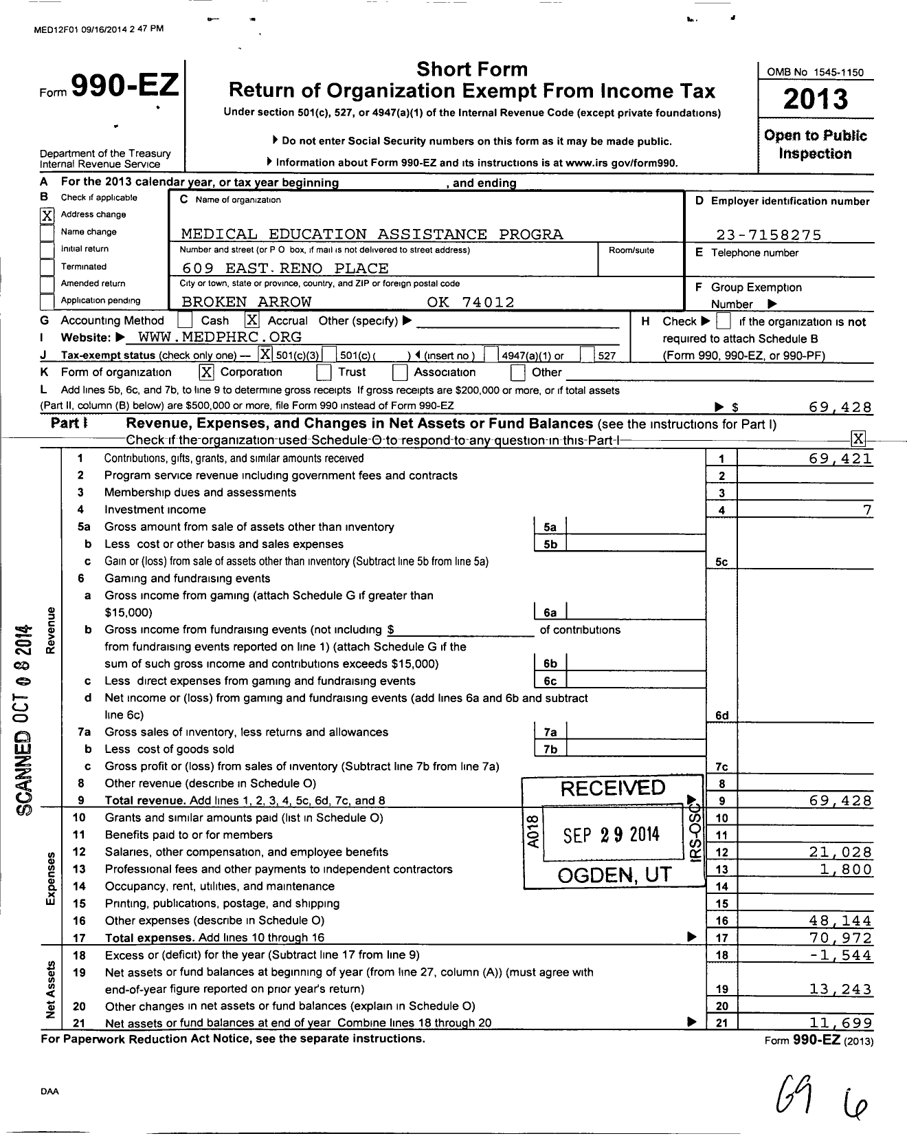 Image of first page of 2013 Form 990EZ for Medical Education Assistance Program