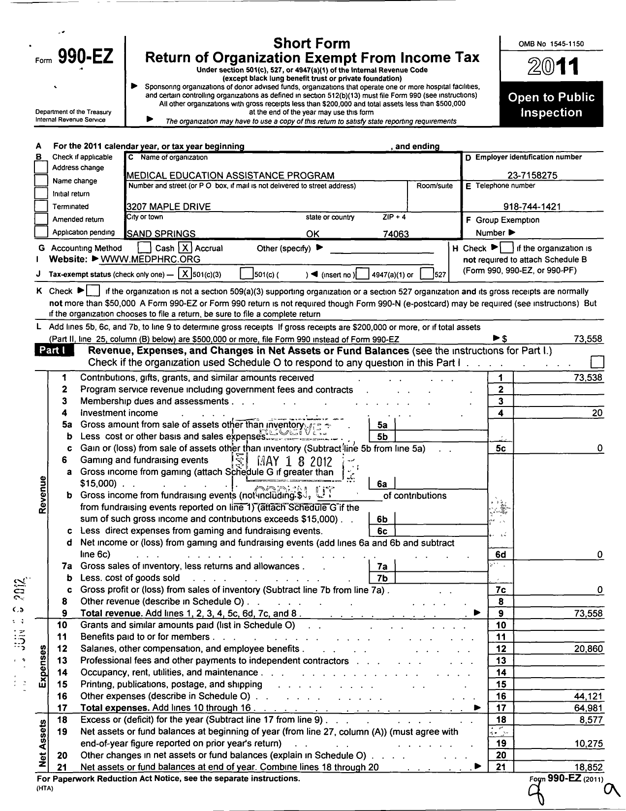 Image of first page of 2011 Form 990EZ for Medical Education Assistance Program