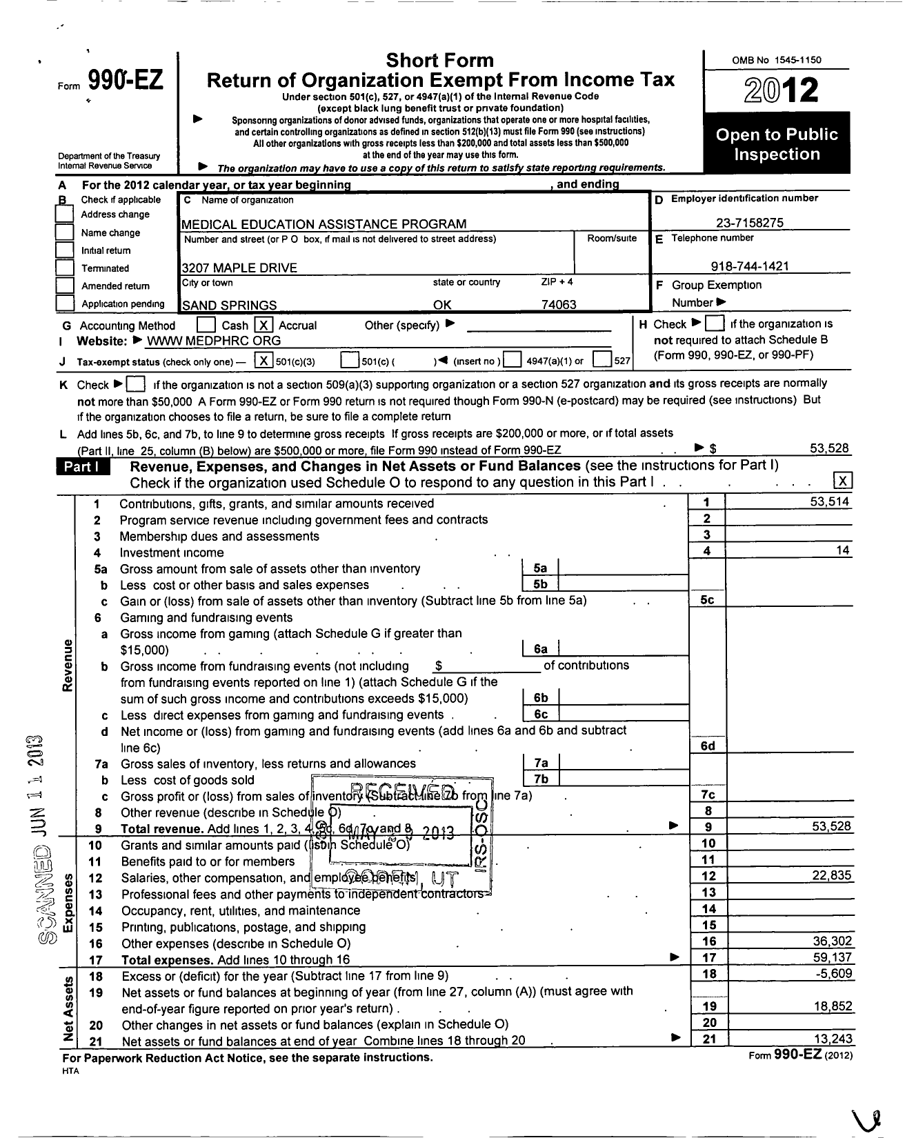 Image of first page of 2012 Form 990EZ for Medical Education Assistance Program