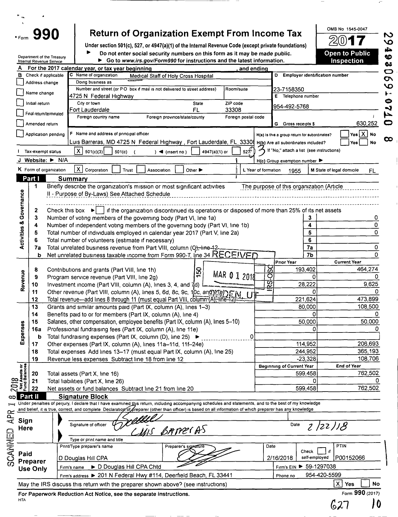 Image of first page of 2017 Form 990 for Medical Staff of Holy Cross Hospital