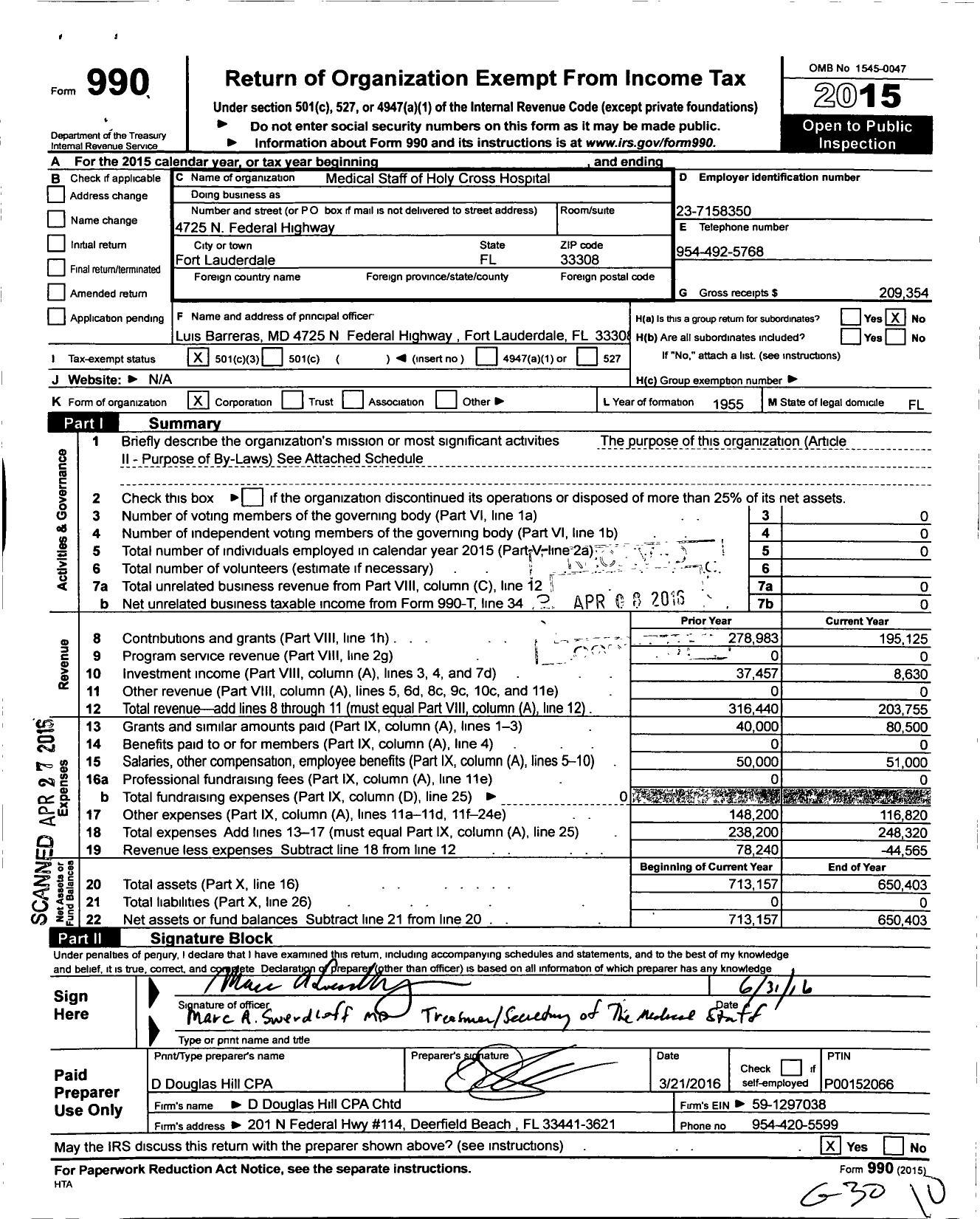 Image of first page of 2015 Form 990 for Medical Staff of Holy Cross Hospital