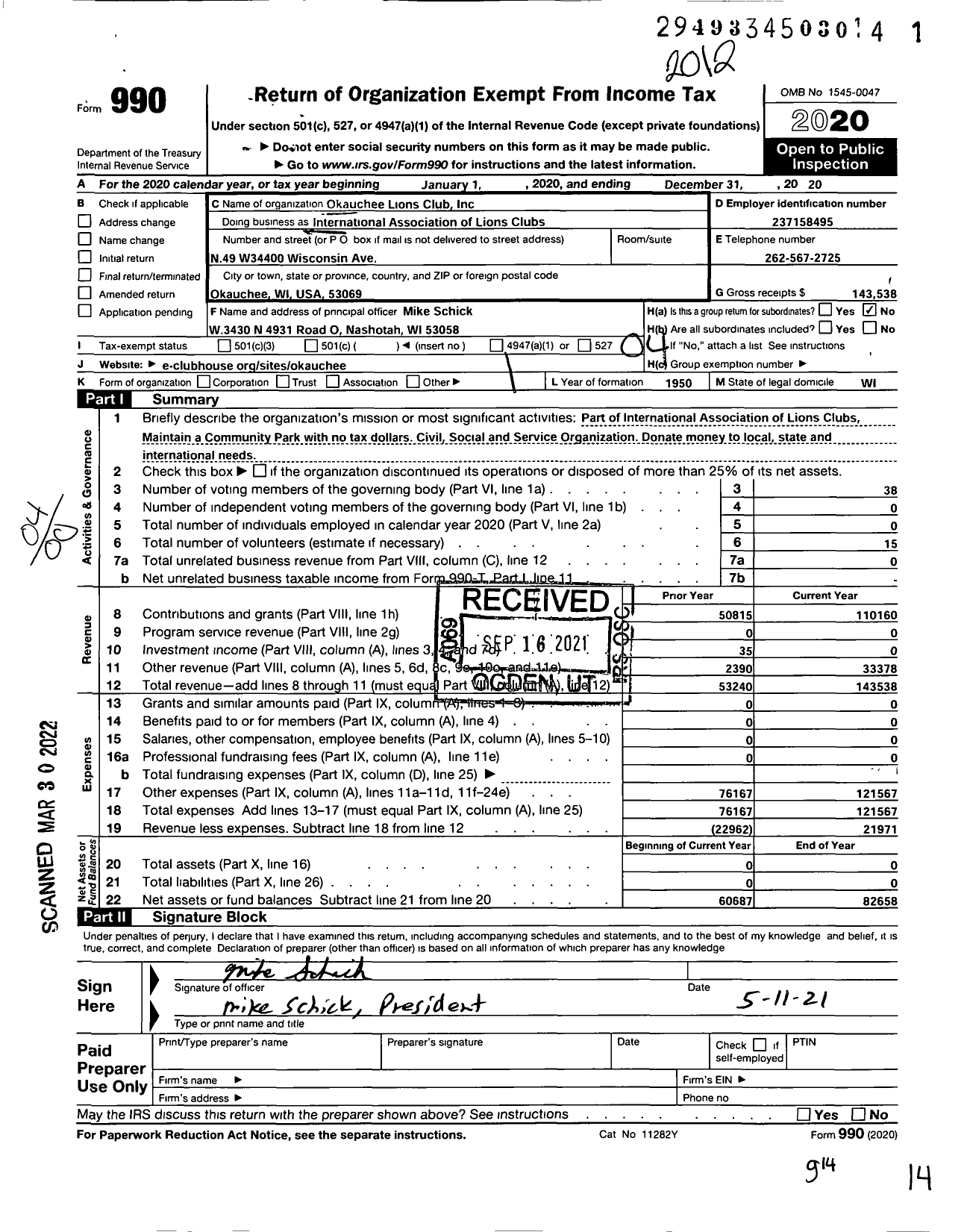 Image of first page of 2020 Form 990O for Lions Clubs - Okauchee Lions Club