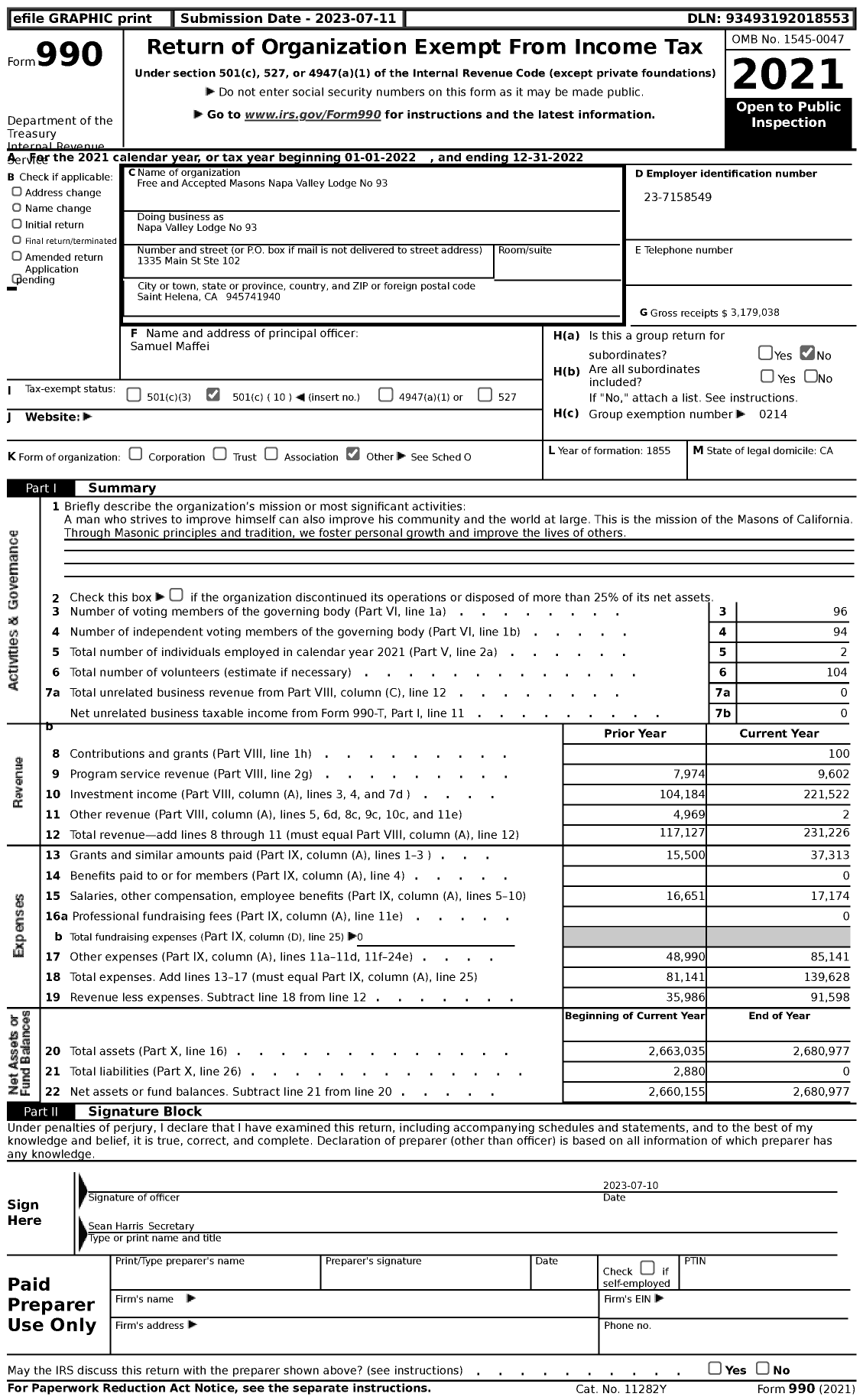 Image of first page of 2022 Form 990 for Masons of California - Napa Valley Lodge No 93