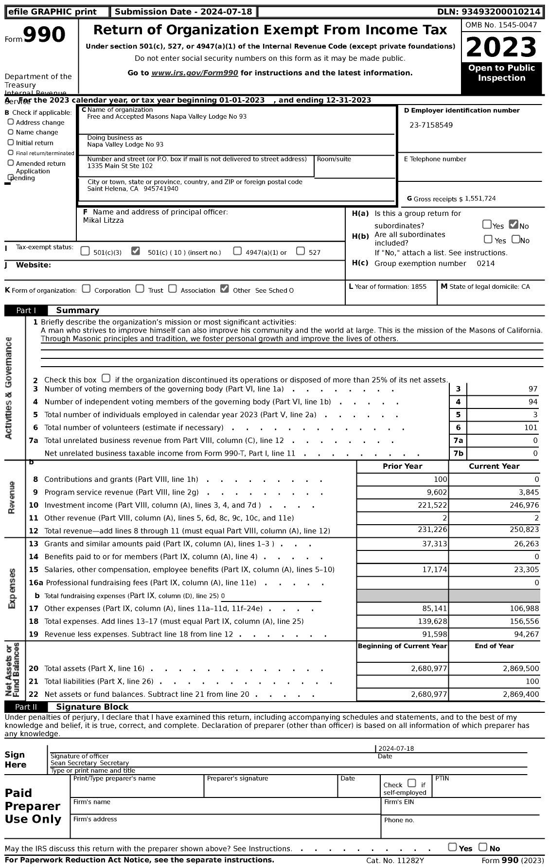 Image of first page of 2023 Form 990 for Masons of California - Napa Valley Lodge No 93