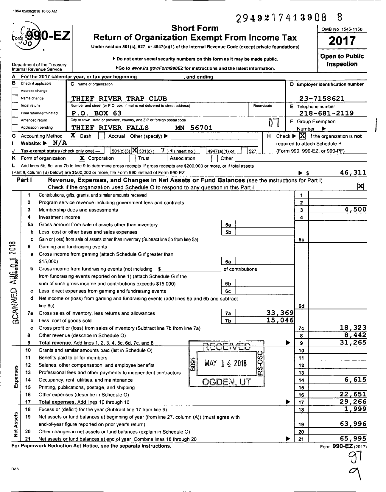 Image of first page of 2017 Form 990EO for Thief River Trap Club