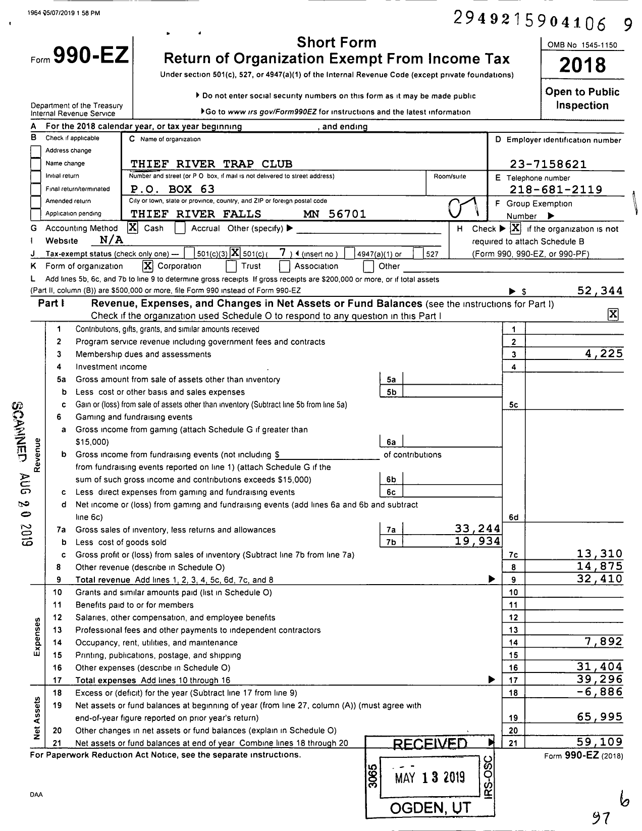 Image of first page of 2018 Form 990EO for Thief River Trap Club