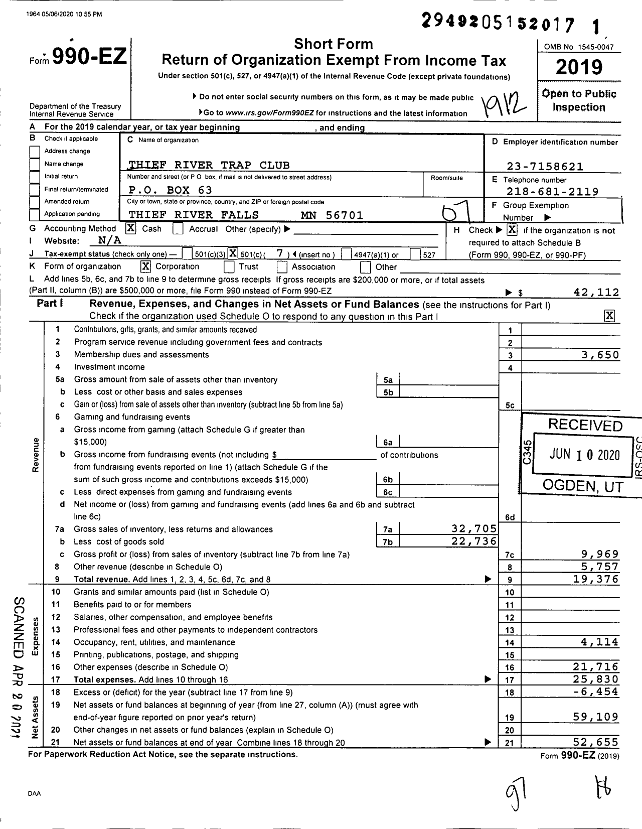 Image of first page of 2019 Form 990EO for Thief River Trap Club