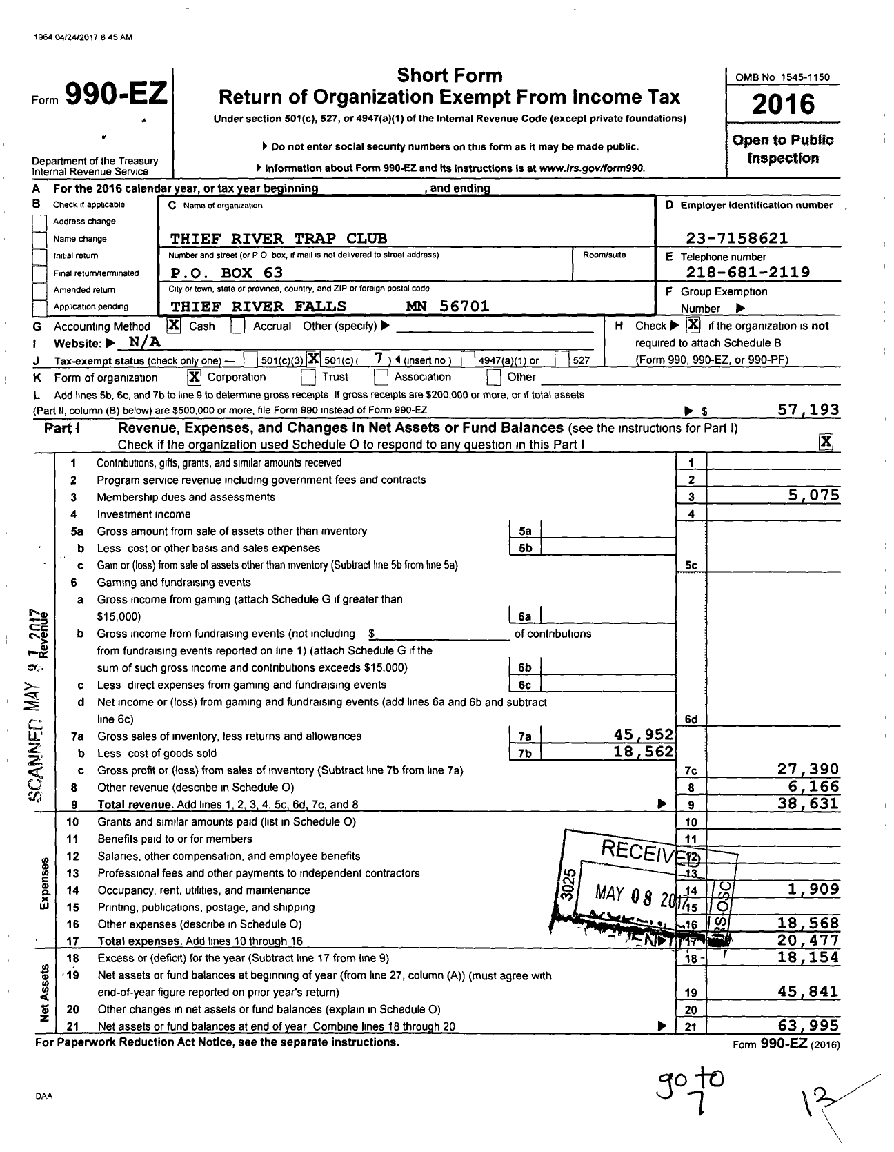 Image of first page of 2016 Form 990EO for Thief River Trap Club