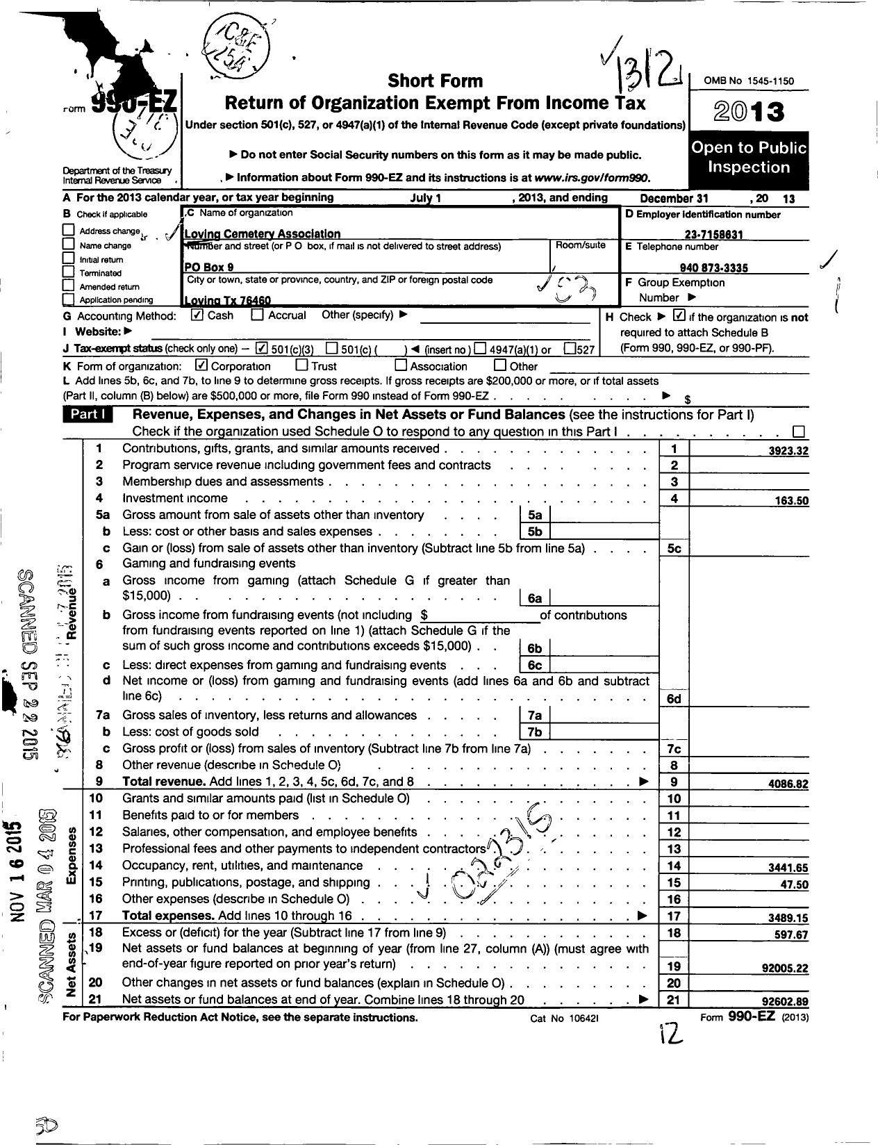 Image of first page of 2013 Form 990EZ for Loving Cemetery Association