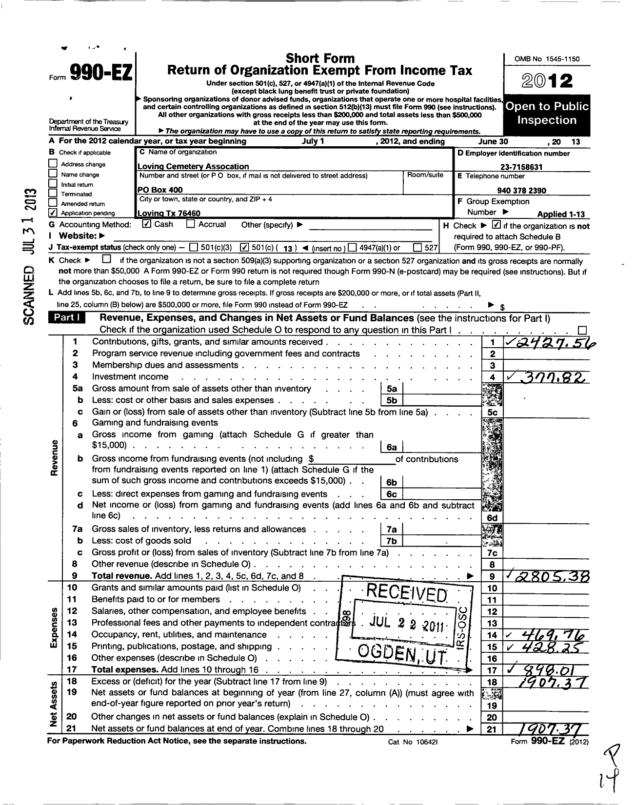 Image of first page of 2012 Form 990EO for Loving Cemetery Association