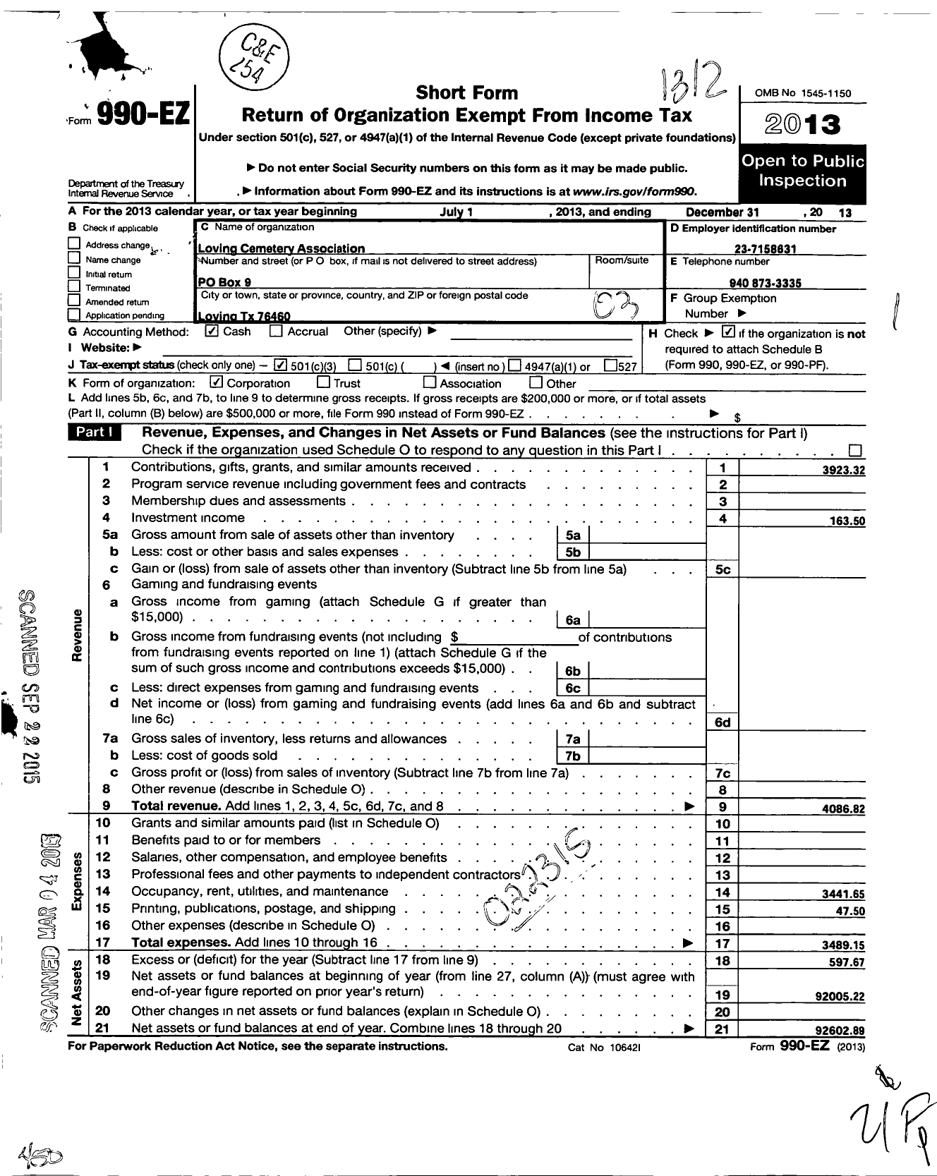 Image of first page of 2013 Form 990EZ for Loving Cemetery Association