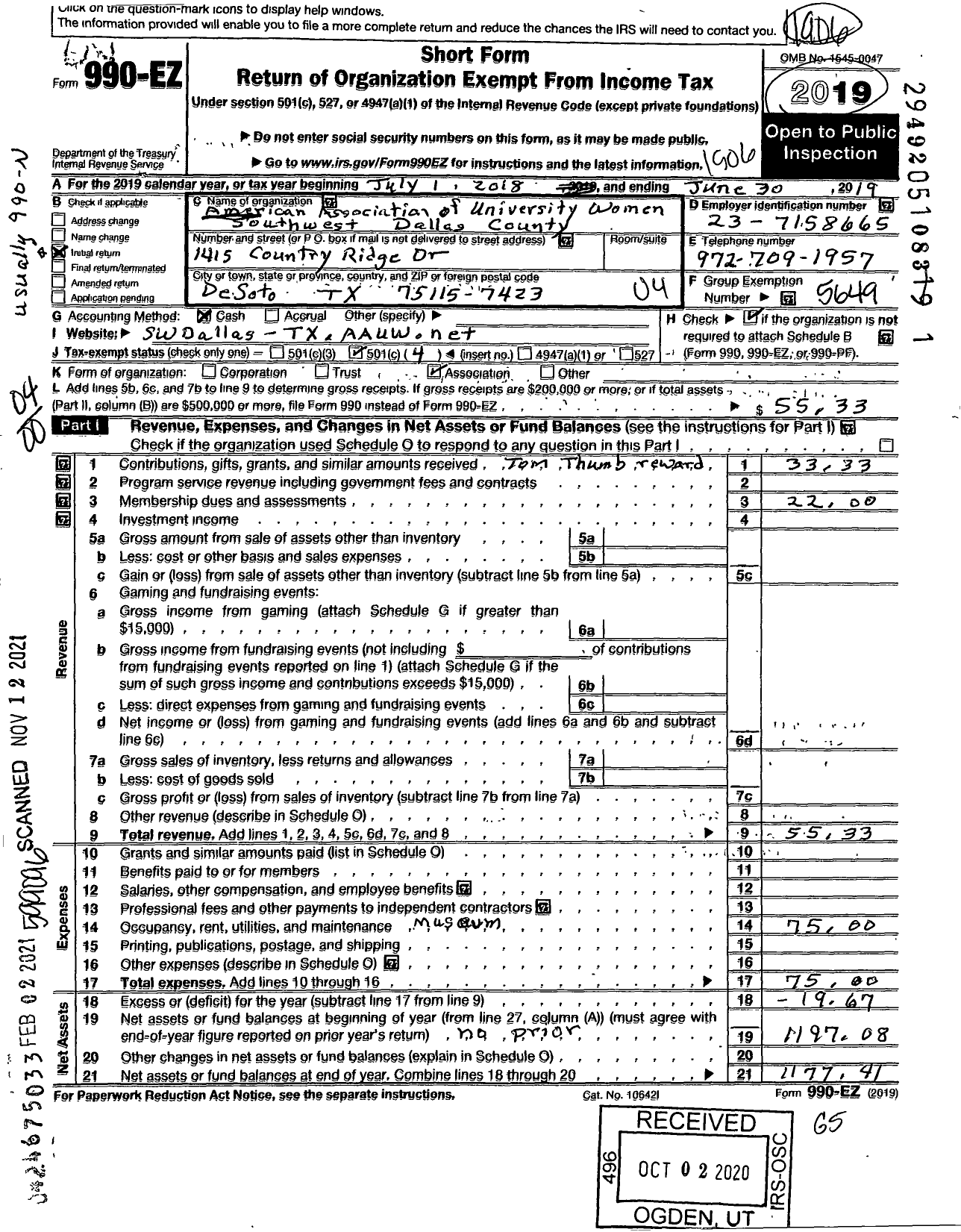 Image of first page of 2018 Form 990EO for American Association of University Women / Southwest Dallas County