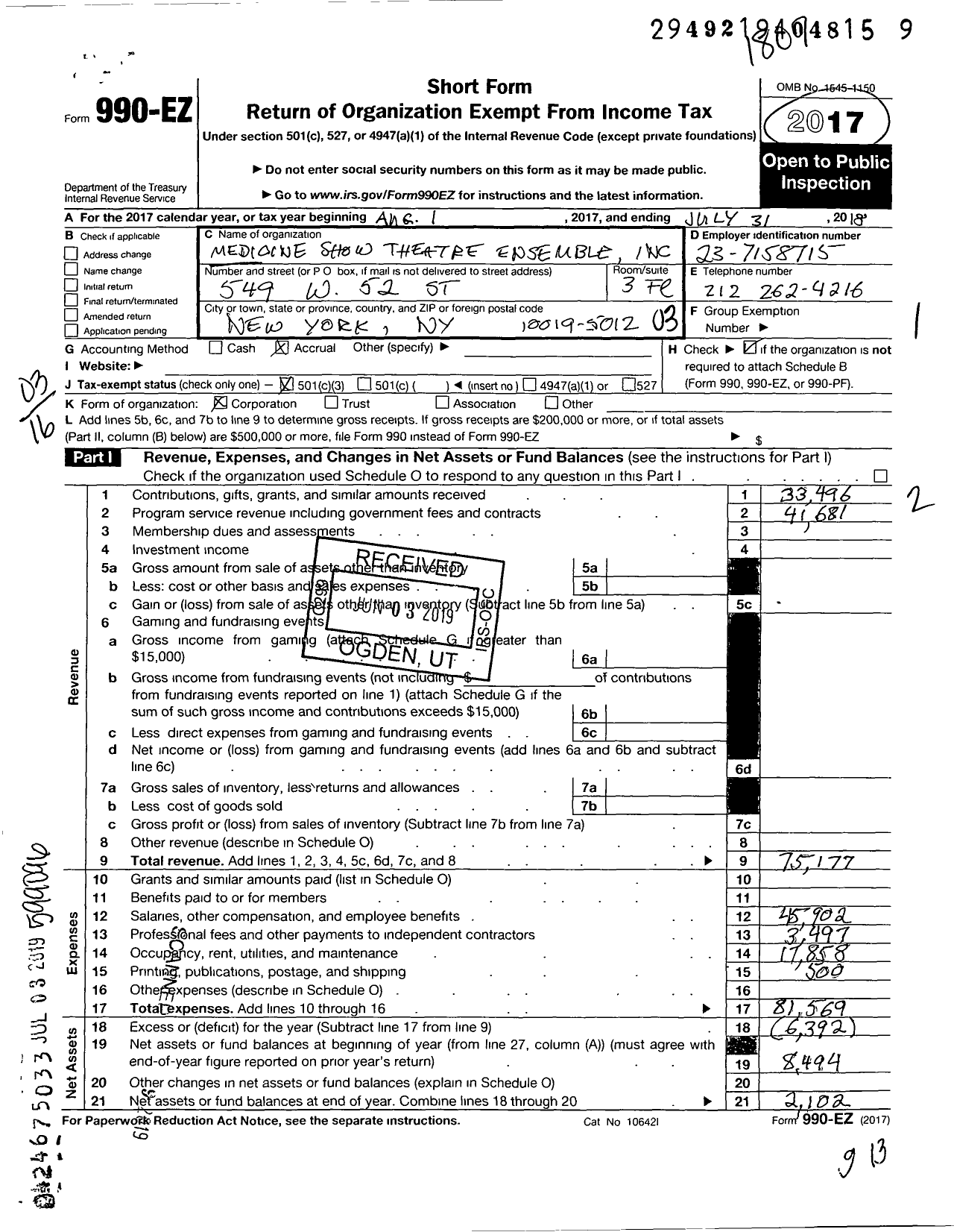 Image of first page of 2017 Form 990EZ for Medicine Show Theatre Ensemble