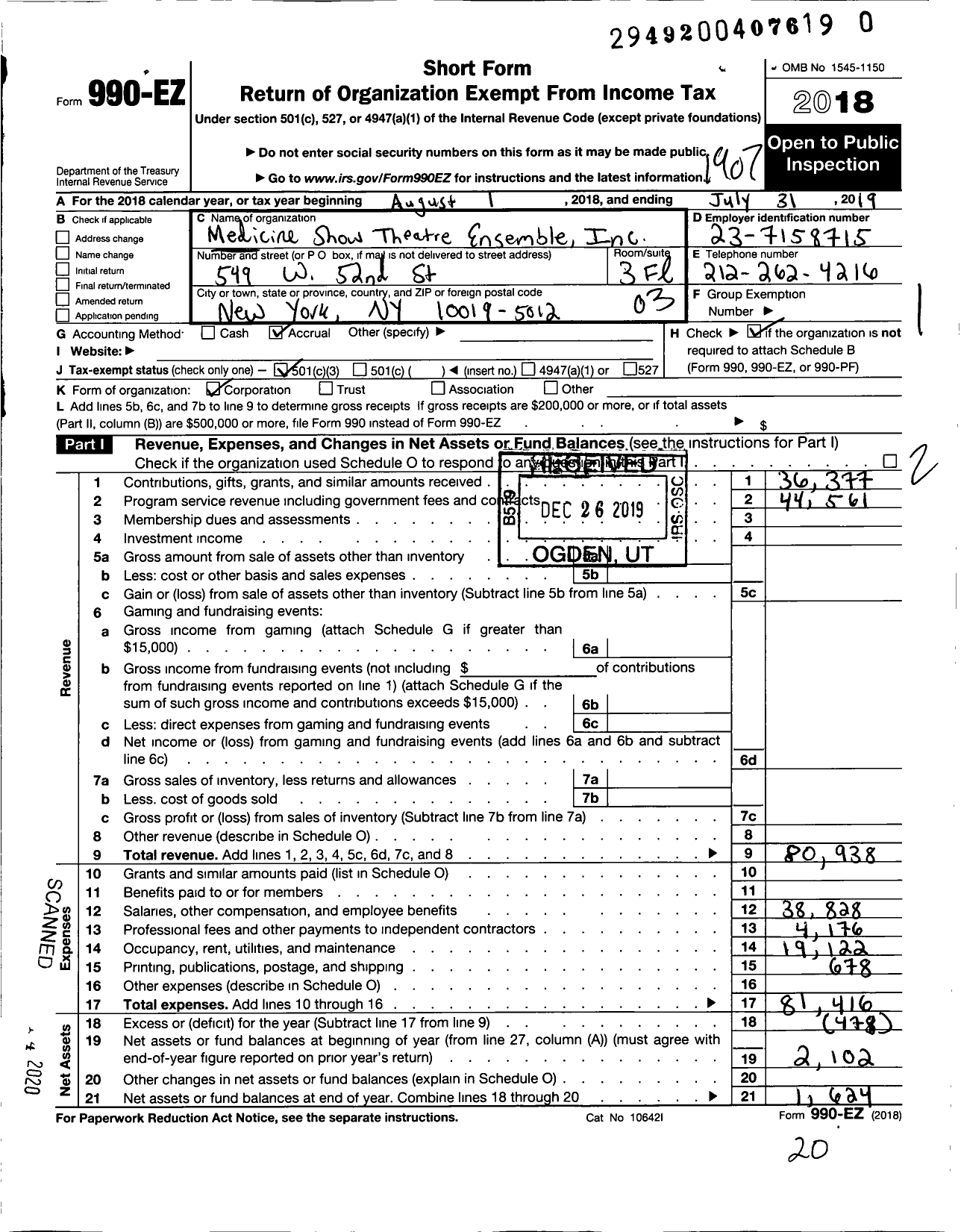 Image of first page of 2018 Form 990EZ for Medicine Show Theatre Ensemble