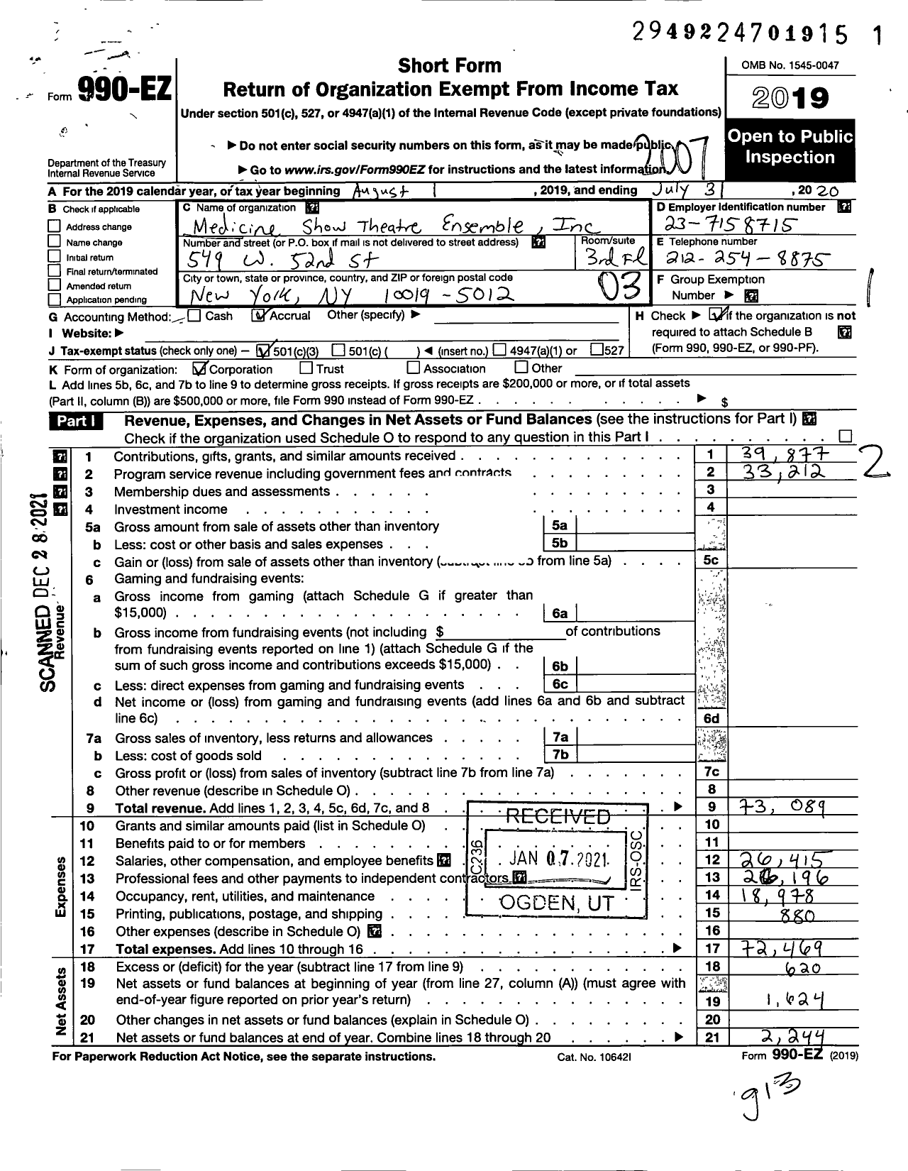 Image of first page of 2019 Form 990EZ for Medicine Show Theatre Ensemble