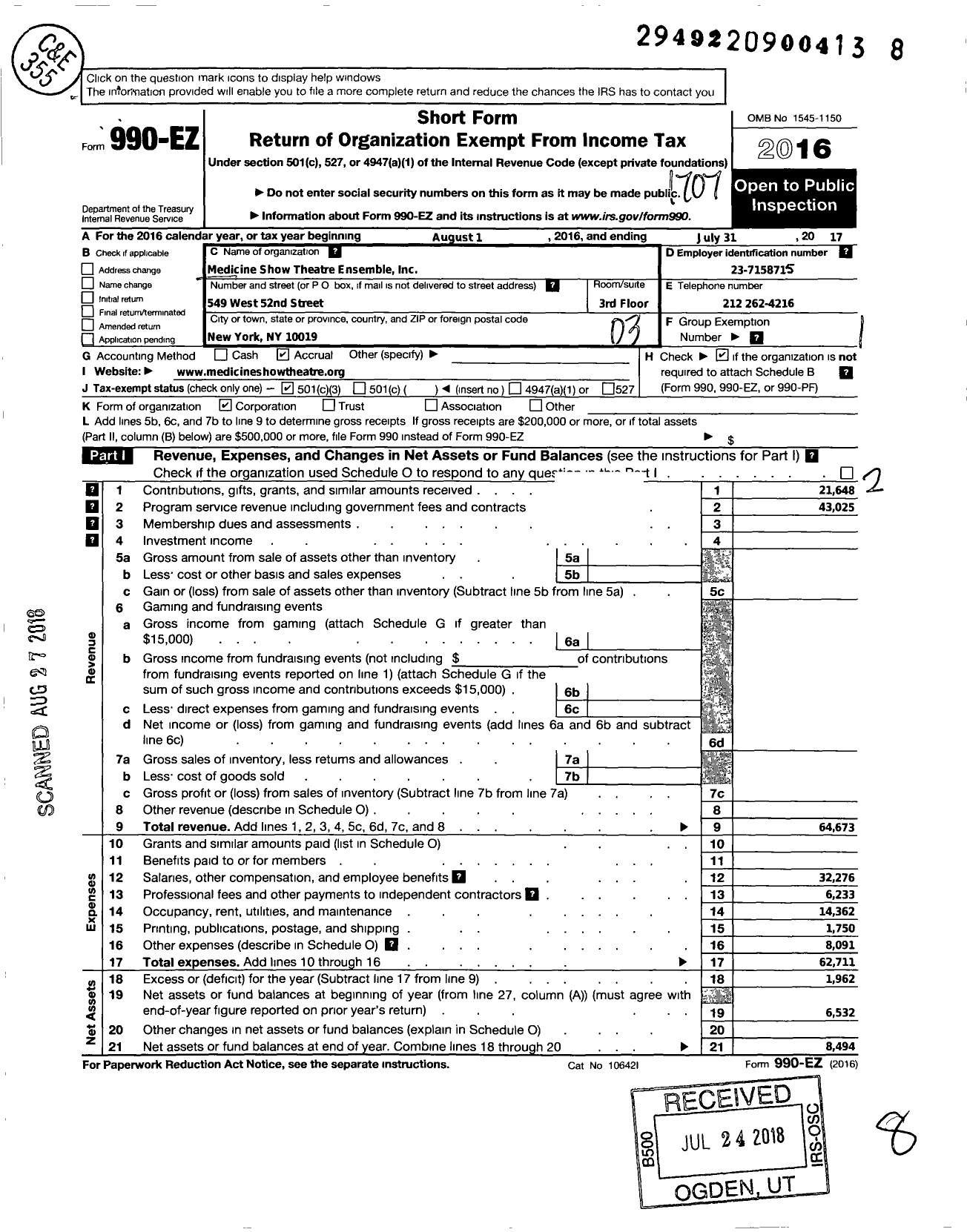 Image of first page of 2016 Form 990EZ for Medicine Show Theatre Ensemble