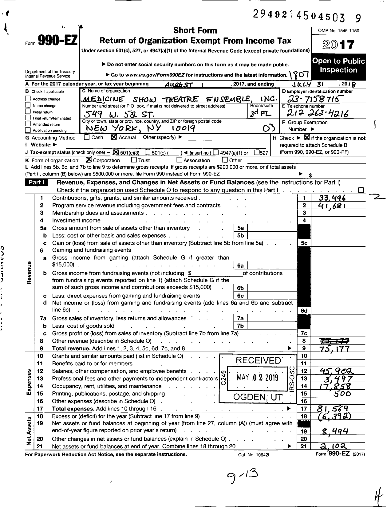 Image of first page of 2017 Form 990EZ for Medicine Show Theatre Ensemble