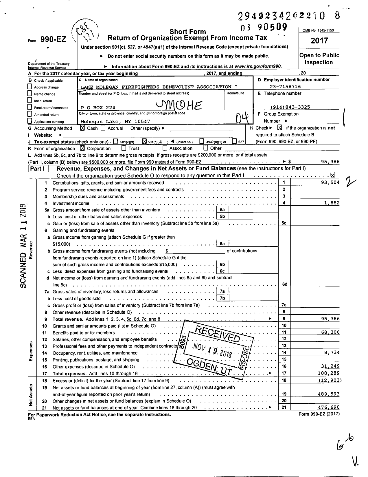 Image of first page of 2017 Form 990EO for Lake Mohegan Firefighters Benevolent