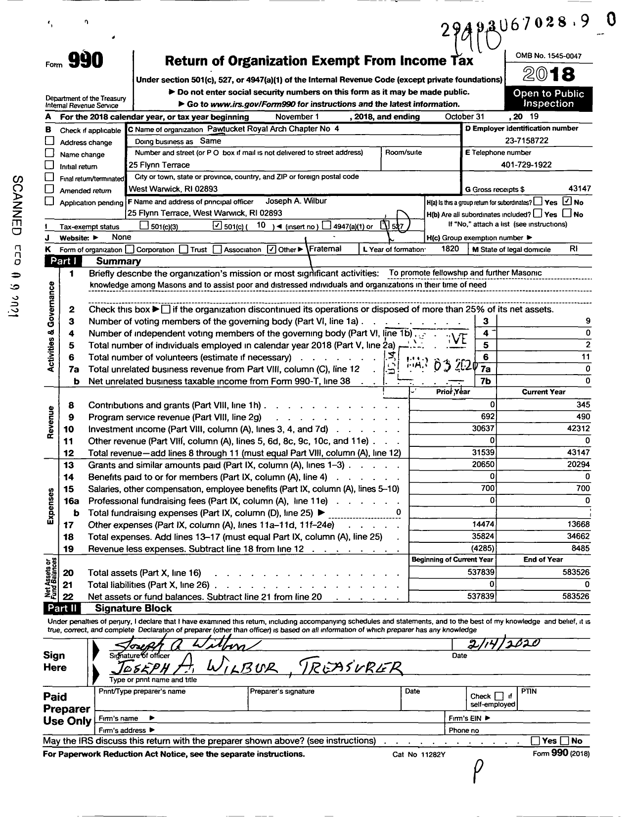 Image of first page of 2018 Form 990O for Royal Arch Masons of Rhode Island and Providence Plantations - 4 Pawtucket Royal Arch Chapter