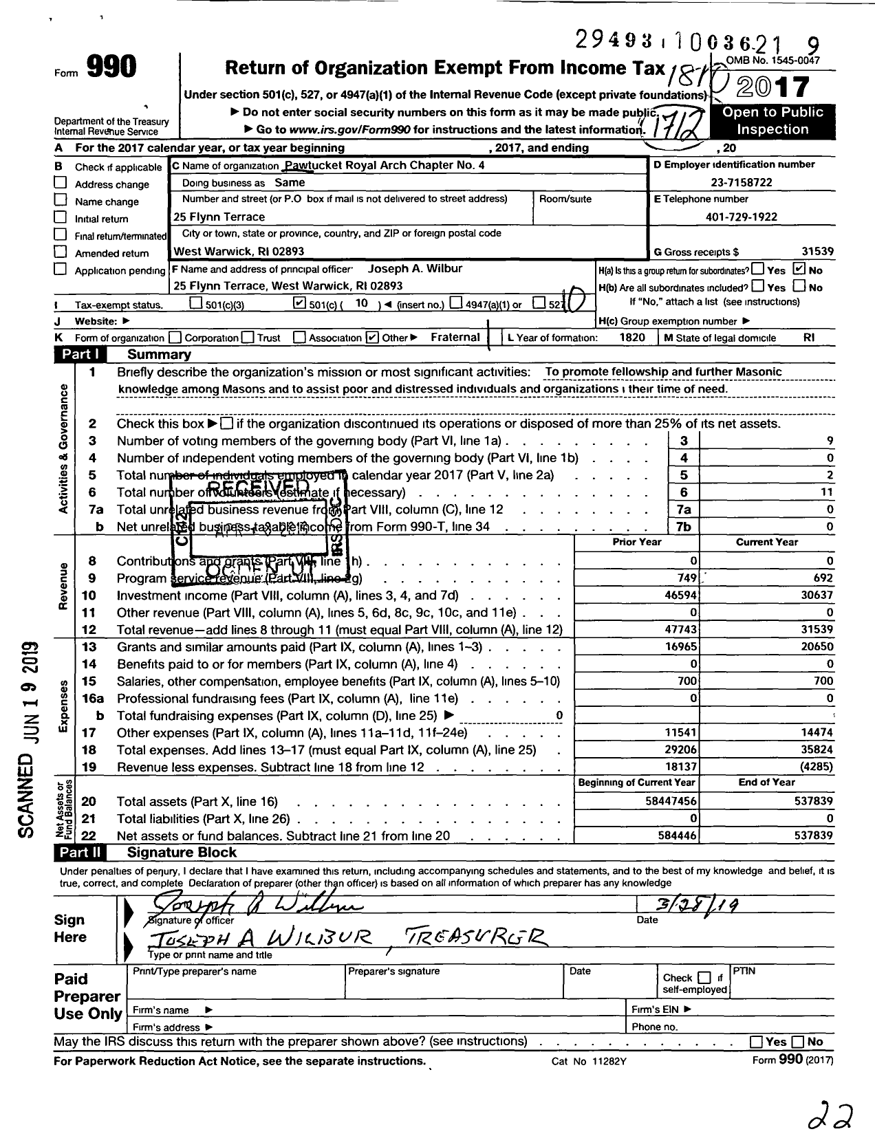 Image of first page of 2017 Form 990O for Royal Arch Masons of Rhode Island and Providence Plantations - 4 Pawtucket Royal Arch Chapter