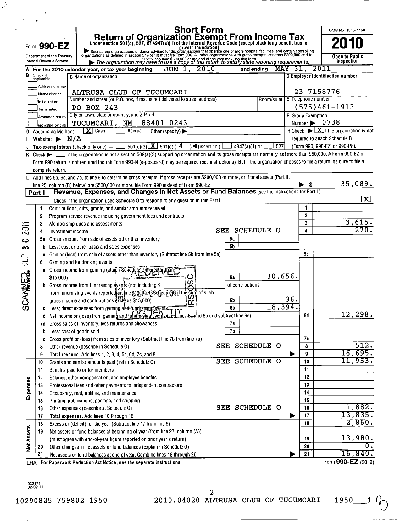 Image of first page of 2010 Form 990EO for Altrusa International / Tucumcari