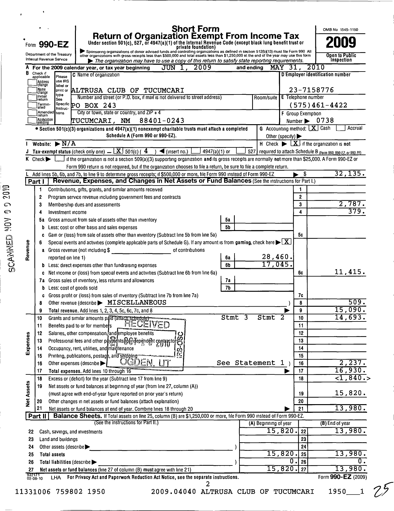 Image of first page of 2009 Form 990EO for Altrusa International / Tucumcari