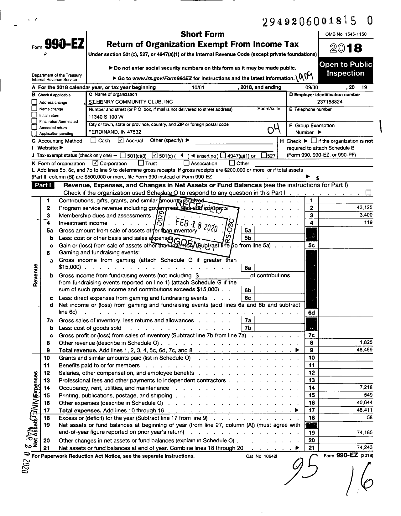 Image of first page of 2018 Form 990EO for St Henry Community Club