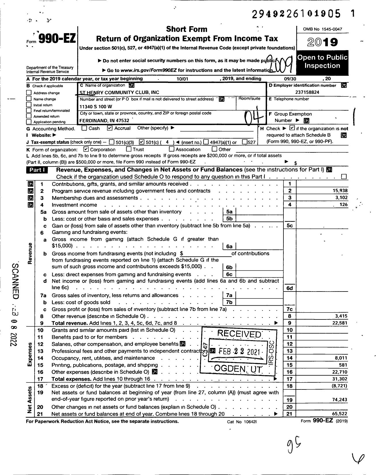 Image of first page of 2019 Form 990EO for St Henry Community Club