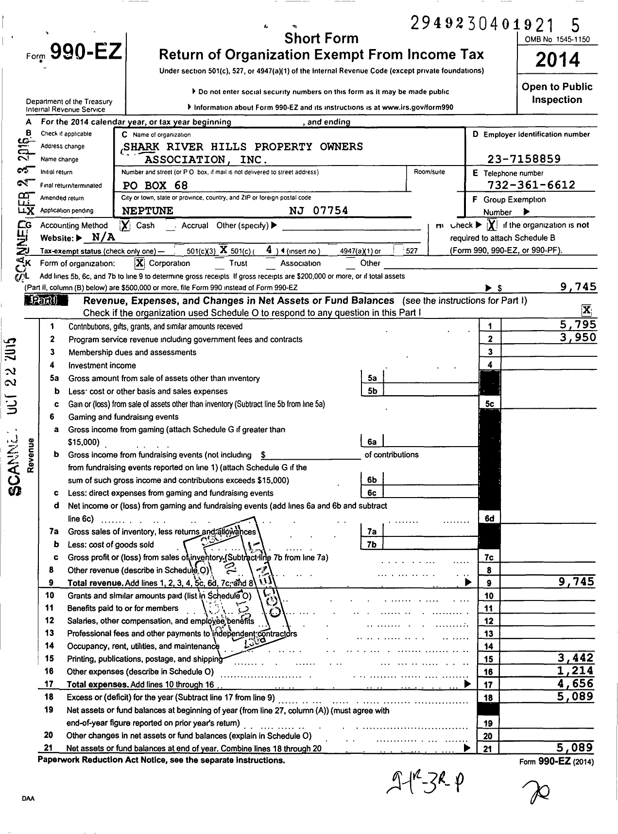 Image of first page of 2014 Form 990EO for Shark River Hills Propertyowners Asso