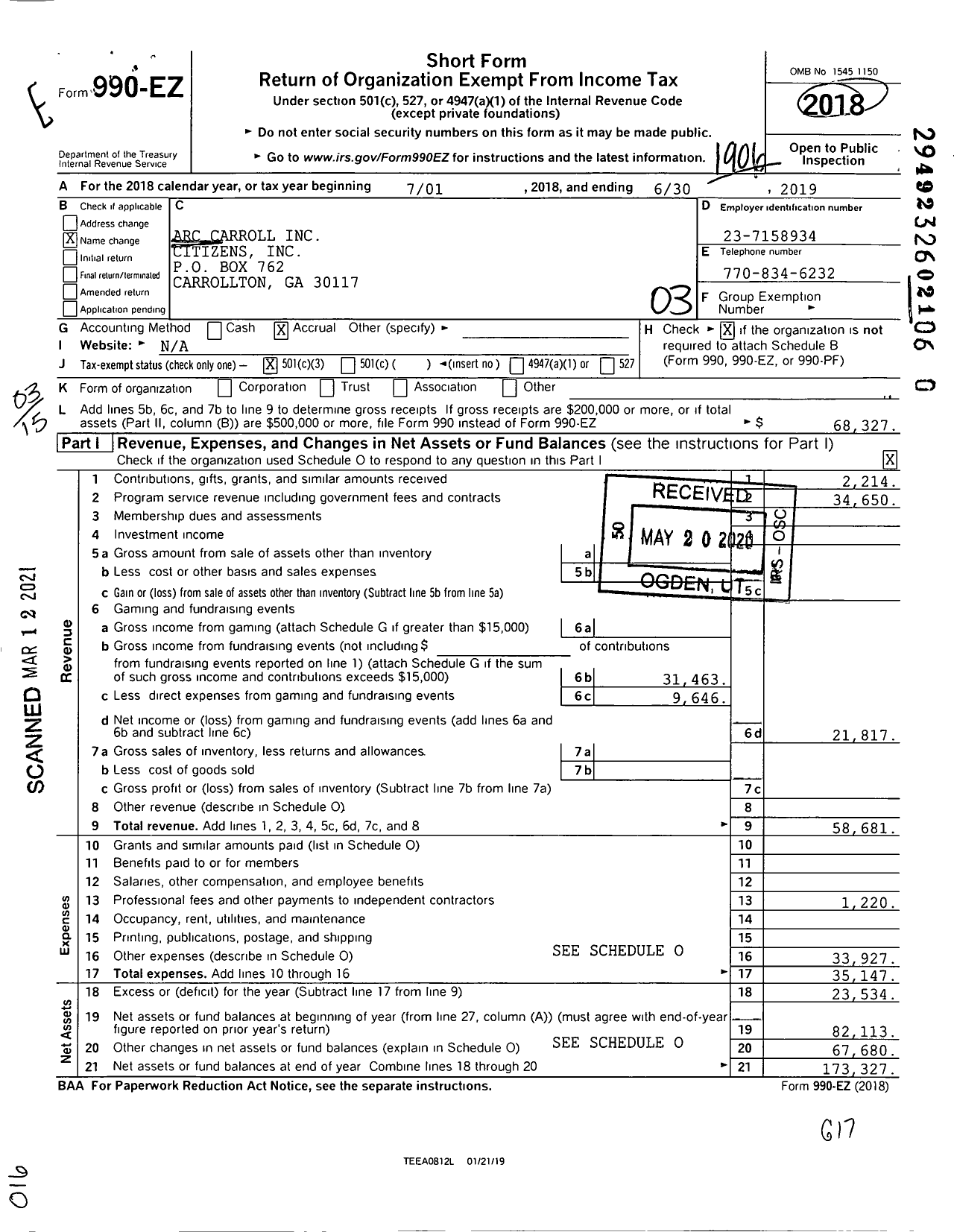 Image of first page of 2018 Form 990EZ for Arc Carroll