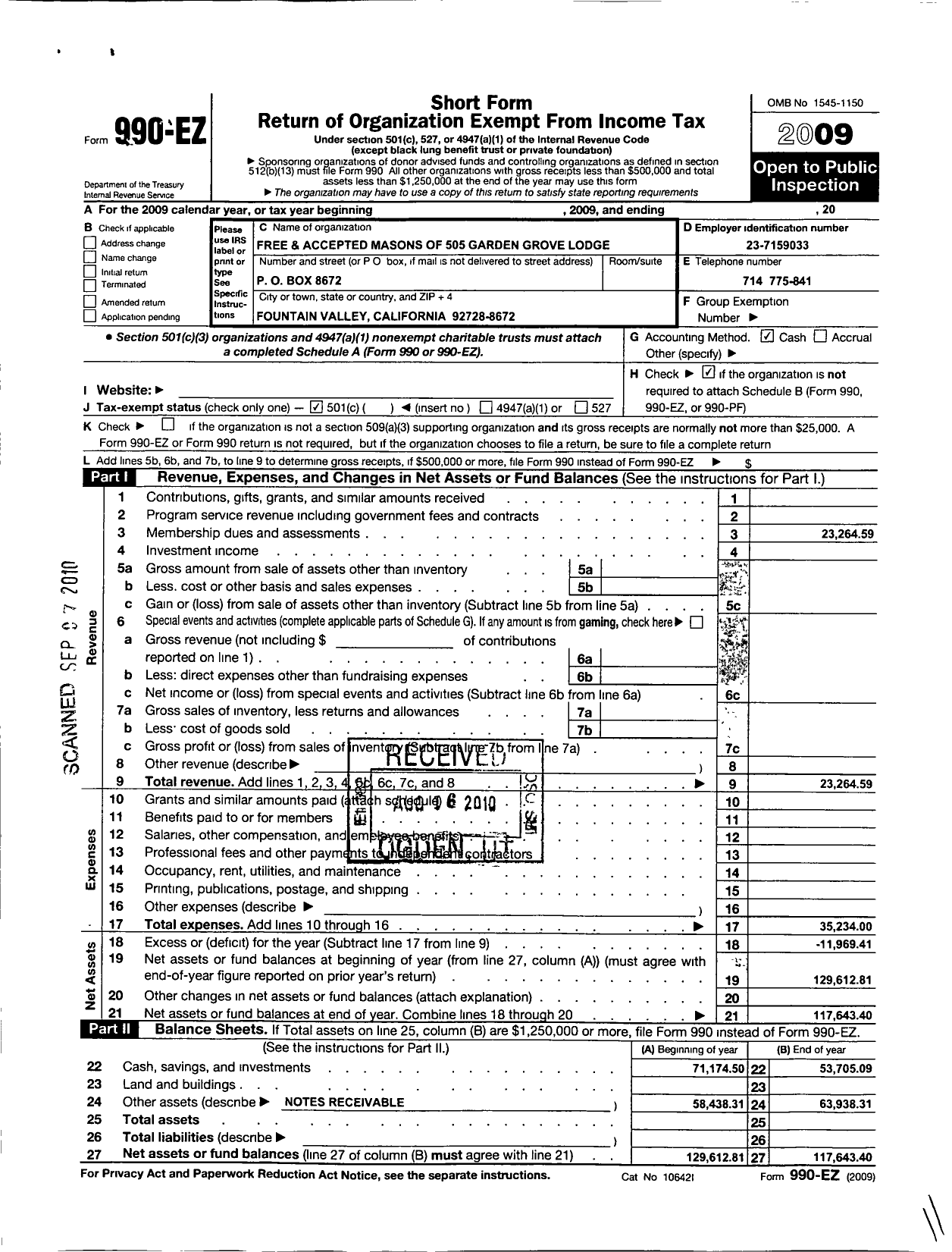 Image of first page of 2009 Form 990EO for Masons of California - 351 Garden Grove