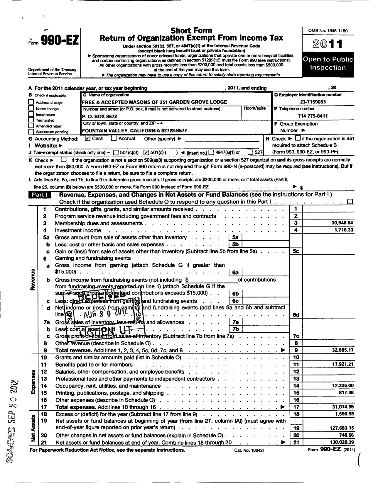 Image of first page of 2011 Form 990EO for Masons of California - 351 Garden Grove