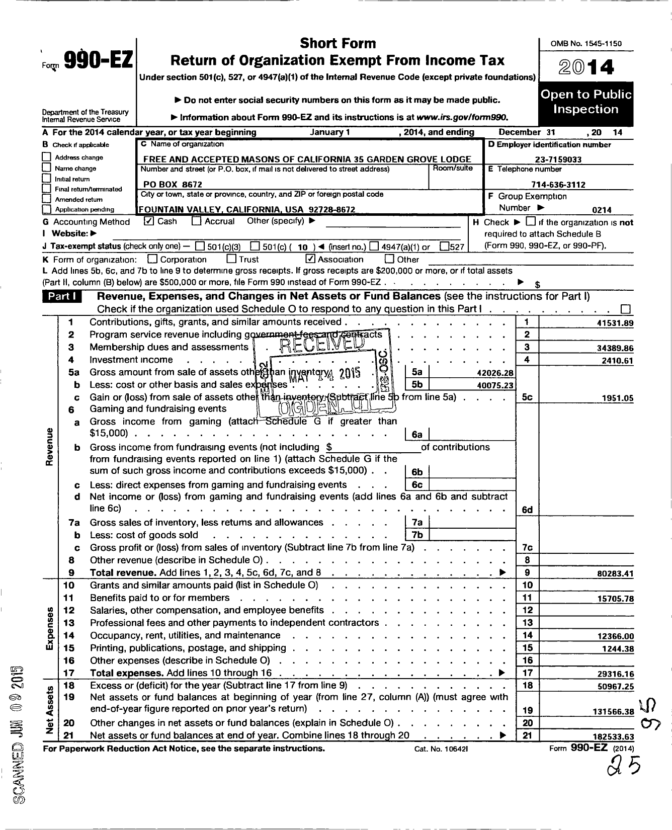 Image of first page of 2014 Form 990EO for Masons of California - 351 Garden Grove