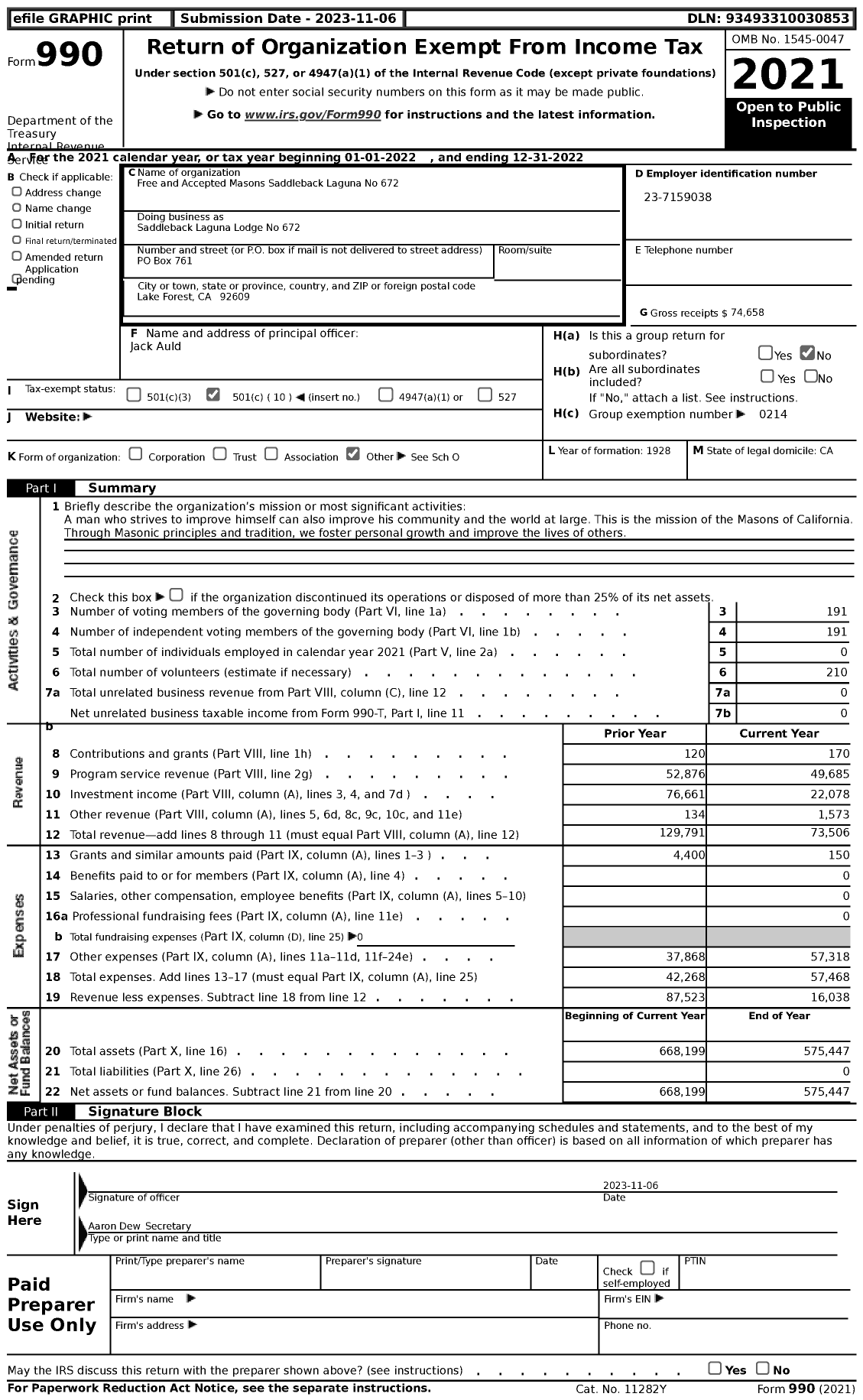 Image of first page of 2022 Form 990 for Masons of California - Saddleback Laguna Lodge No 672