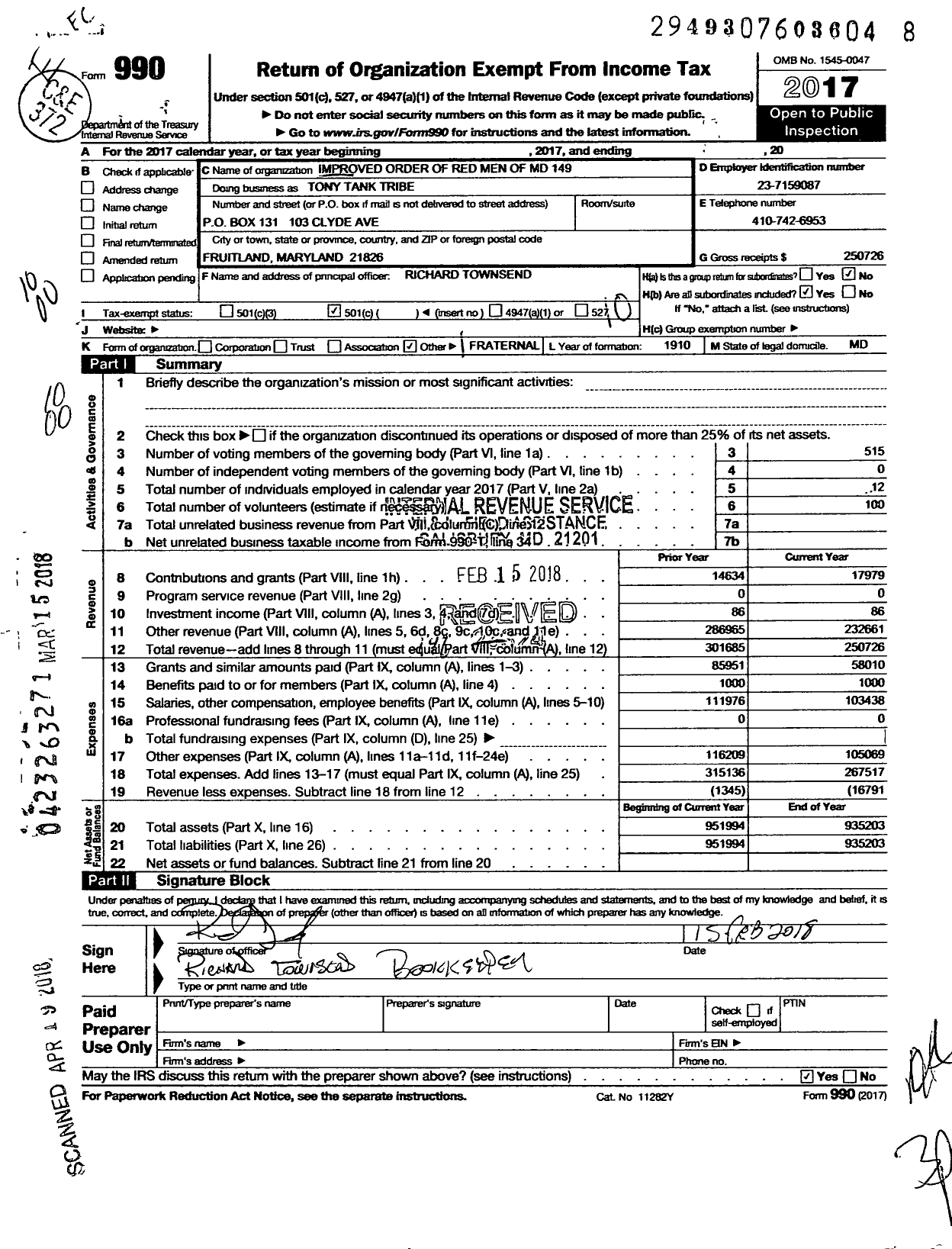 Image of first page of 2017 Form 990O for Improved Order of Redman of Maryland - 149 Tony Tank Tribe