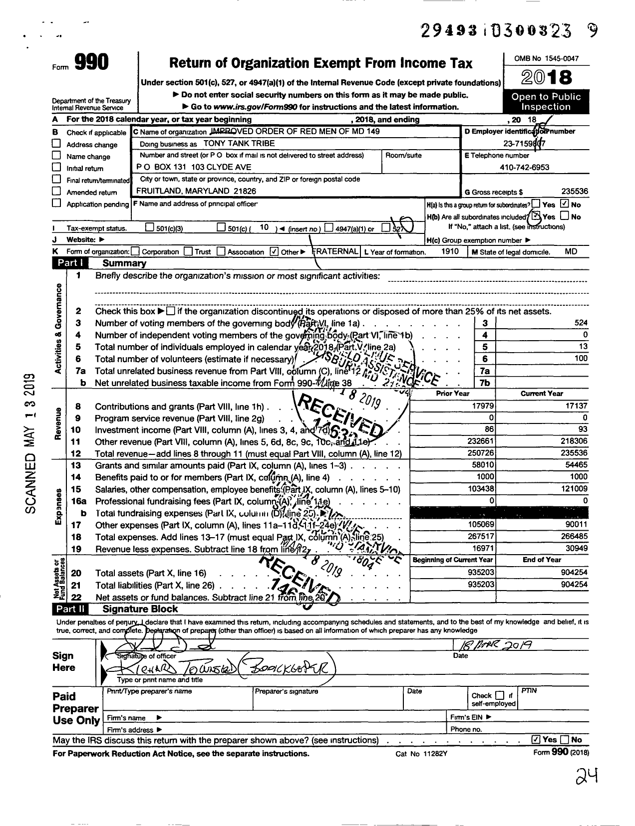 Image of first page of 2018 Form 990O for Improved Order of Redman of Maryland - 149 Tony Tank Tribe