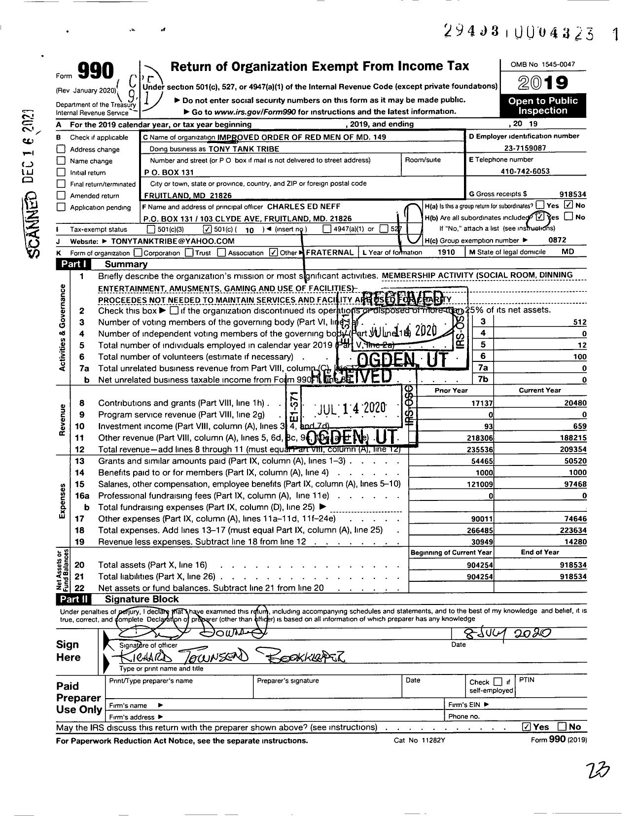 Image of first page of 2019 Form 990O for Improved Order of Redman of Maryland - 149 Tony Tank Tribe